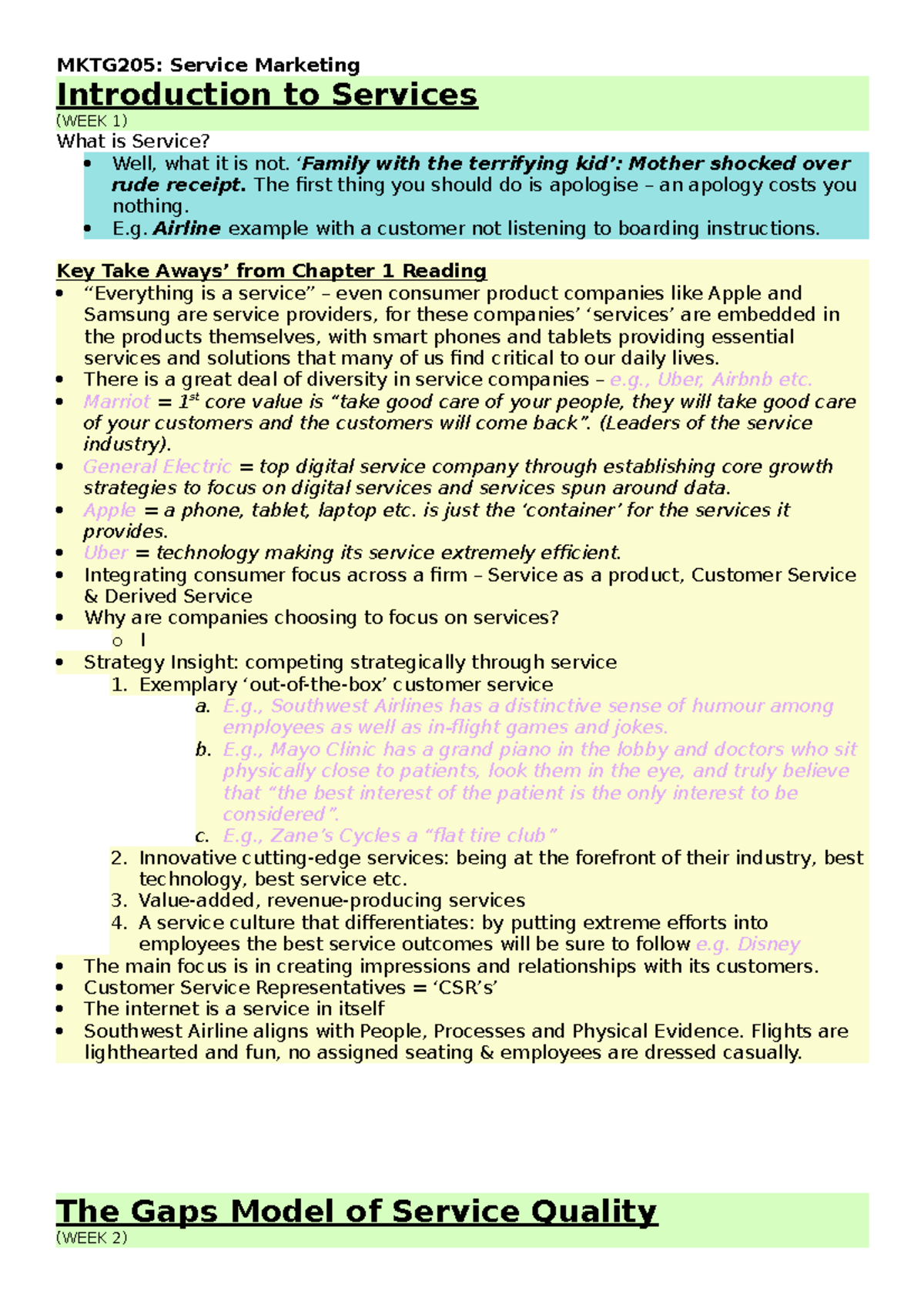 MKTG205 Lecture Notes - Introduction to Services (WEEK 1) What is ...