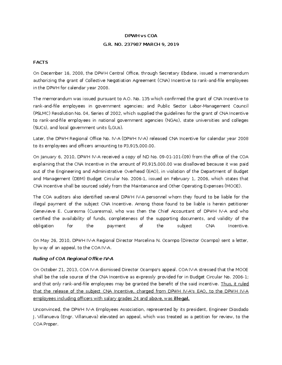 25. DPWH vs COA - DPWH vs COA G. NO. 237987 MARCH 9, 2019 FACTS On ...