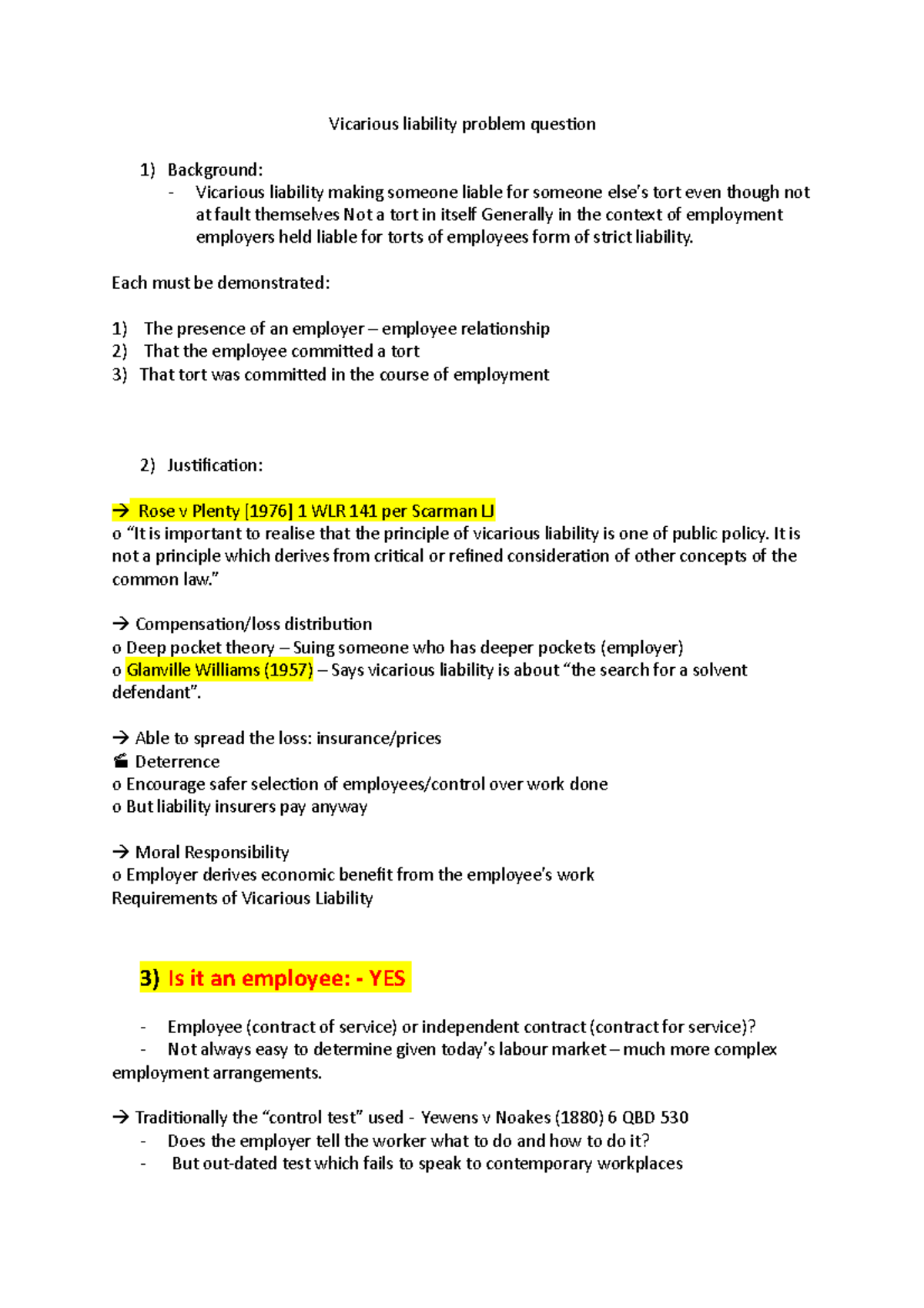 Vicarious Liability Problem Question Vicarious Liability Problem