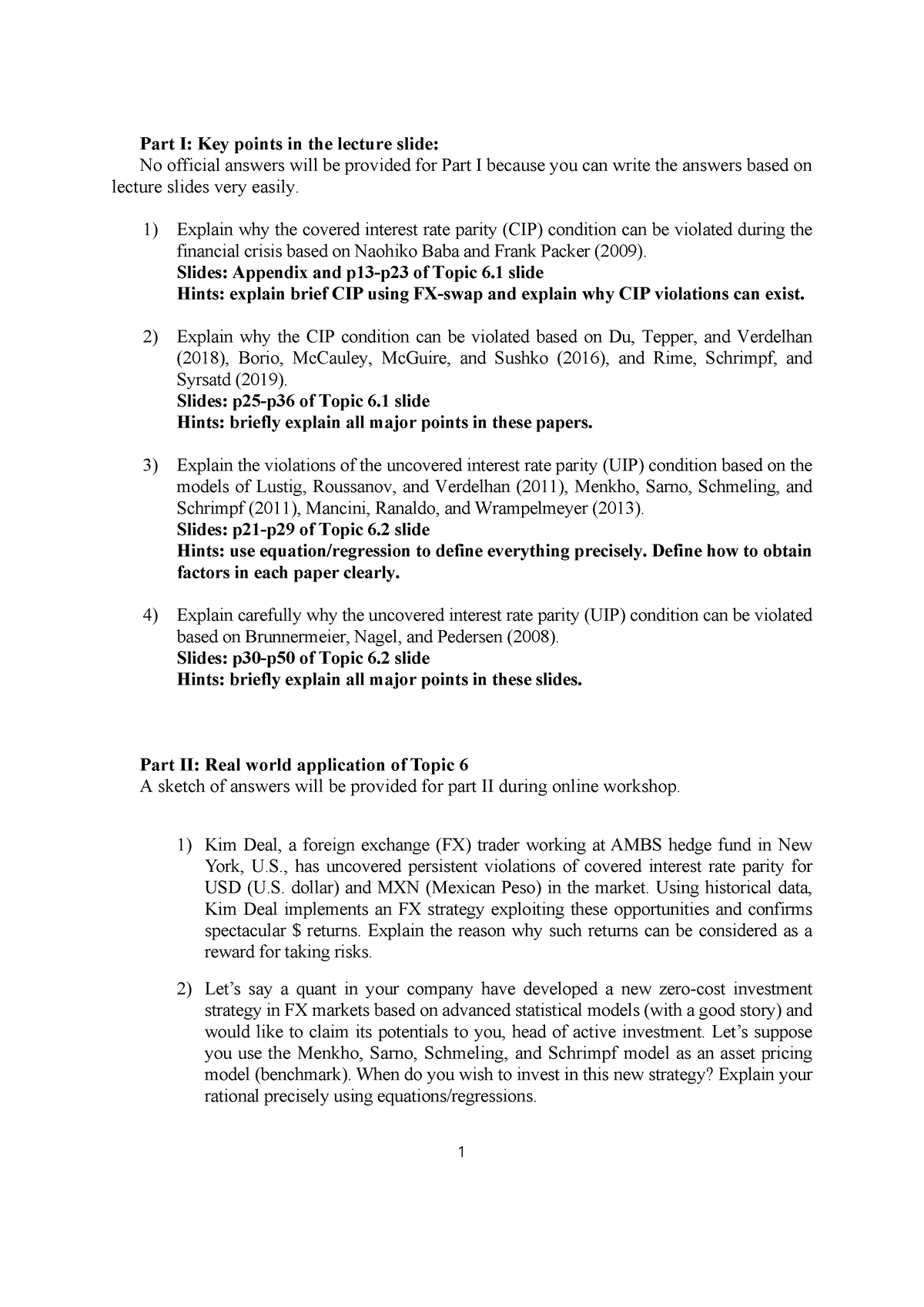 Topic 6 questions 2024 Summary International Finance 1 Part I Key