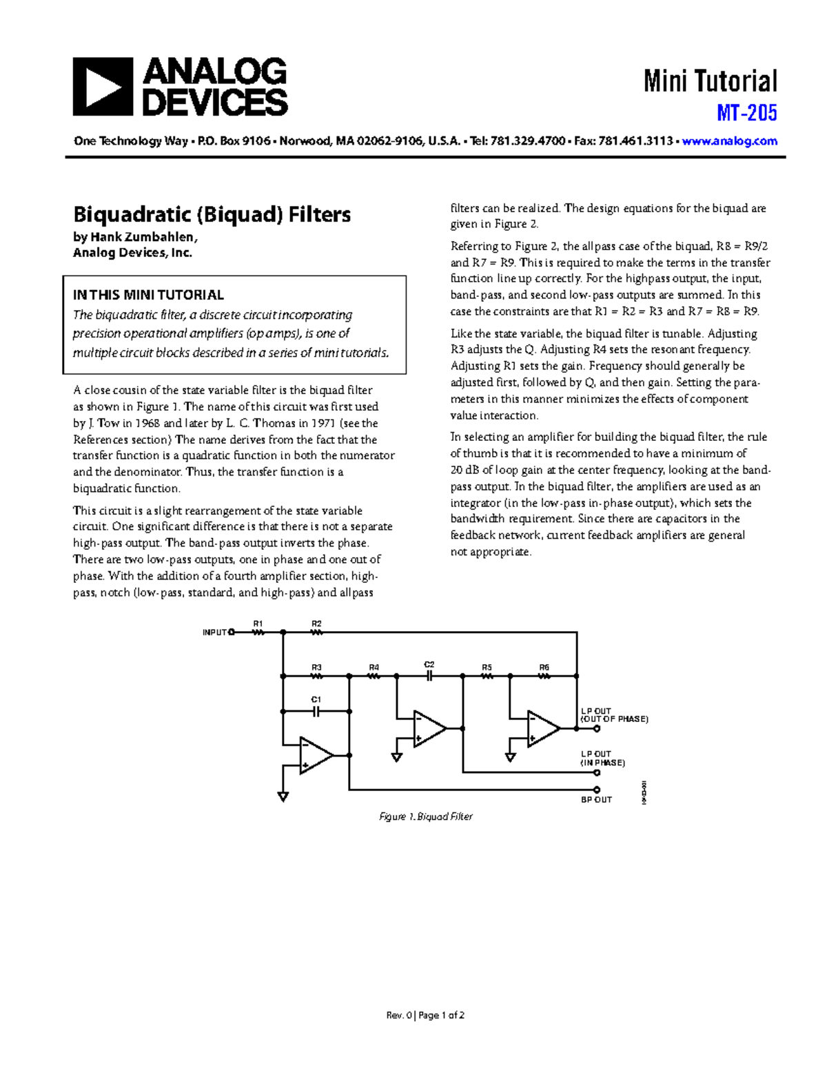 Biquadratic filters Mini Tutorial MT One Technology Way • P. Box