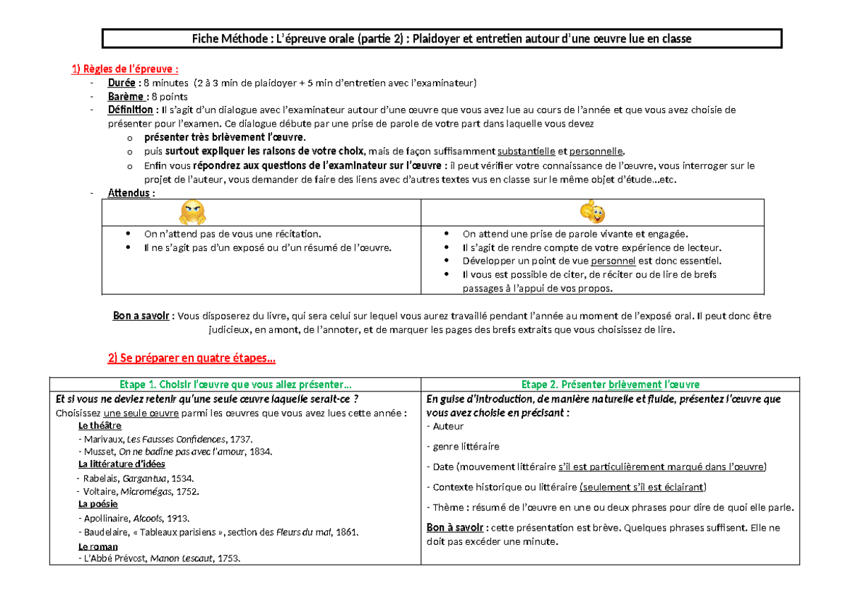 Fiche Méthode Oral partie 2 - Fiche Méthode : L’épreuve orale (partie 2 ...