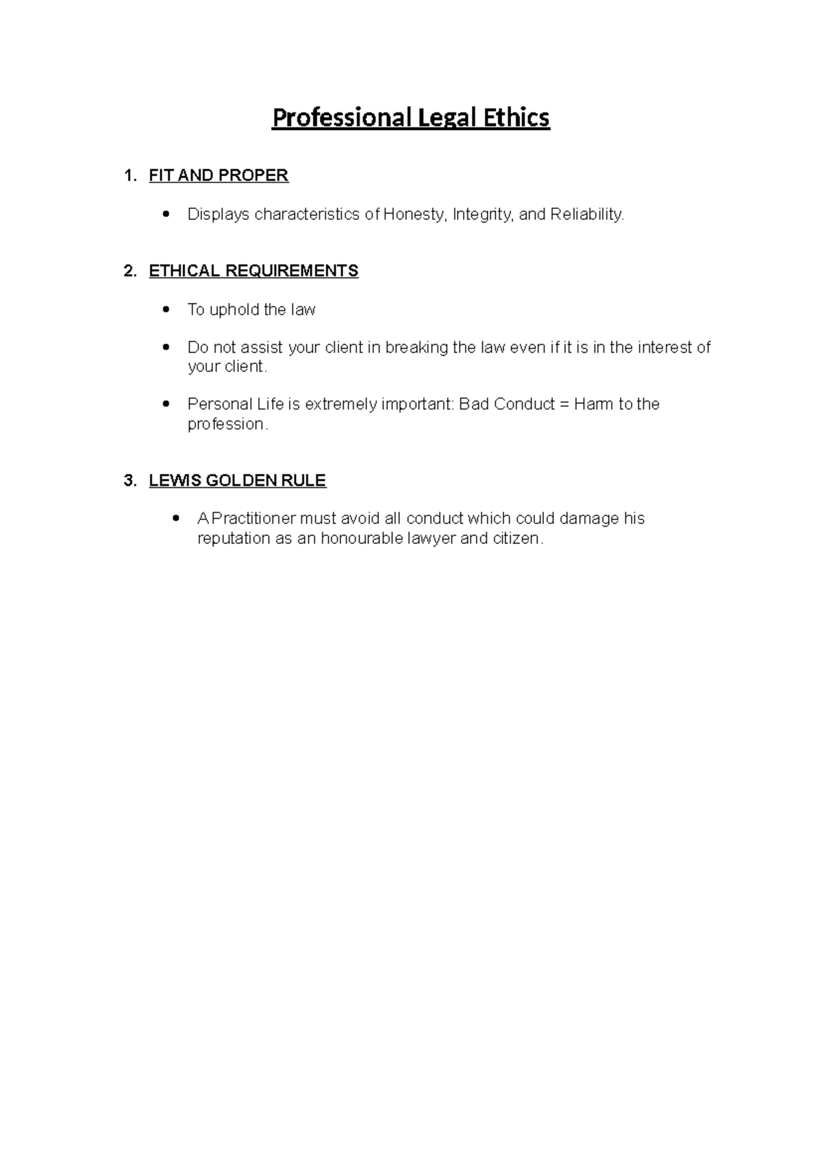 Professional Legal Ethics - FIT AND PROPER Displays characteristics of ...