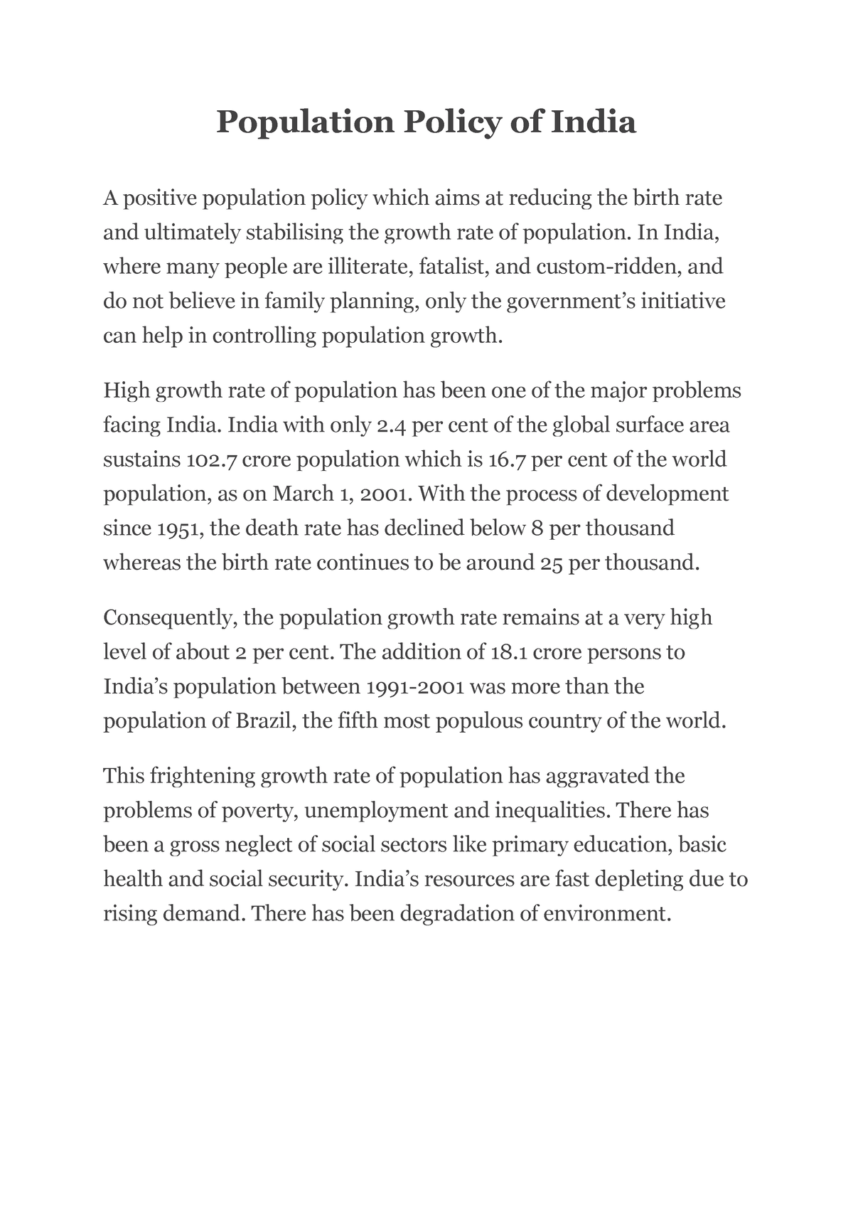 short essay on population policy in india