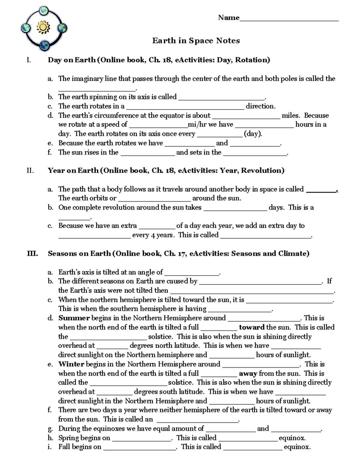 earthnotes summary - Name____________________ Earth in Space Notes I ...