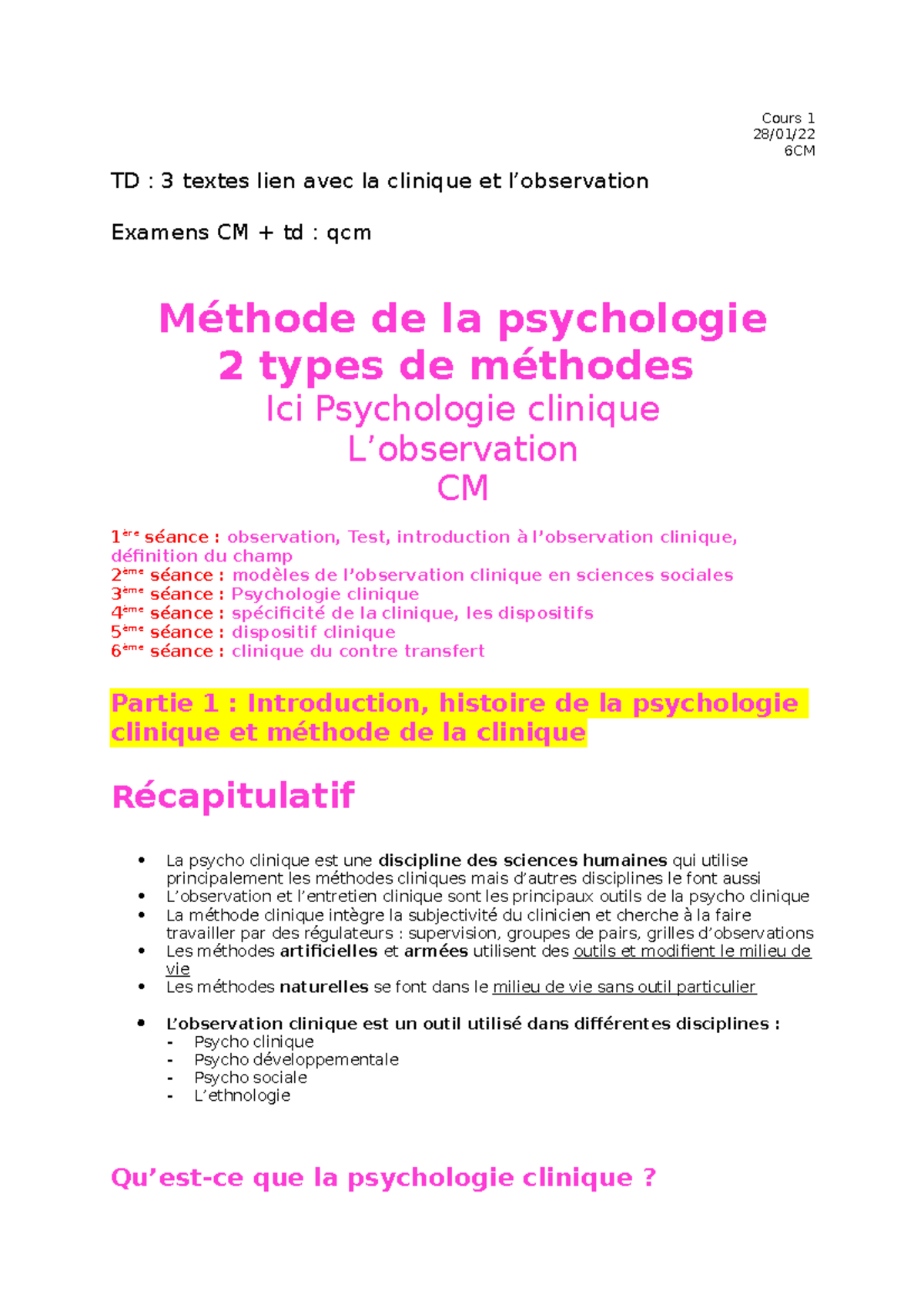 CM 1 Méthodes Clinique: Qu'est-ce Que C'est La Psychologie Clinique ...