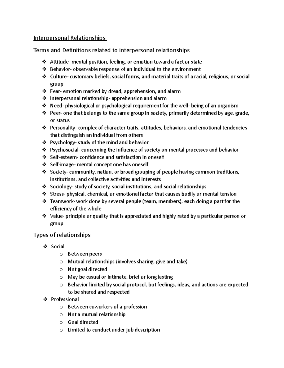 Interpersonal Relationships Notes - Interpersonal Relationships Terms ...
