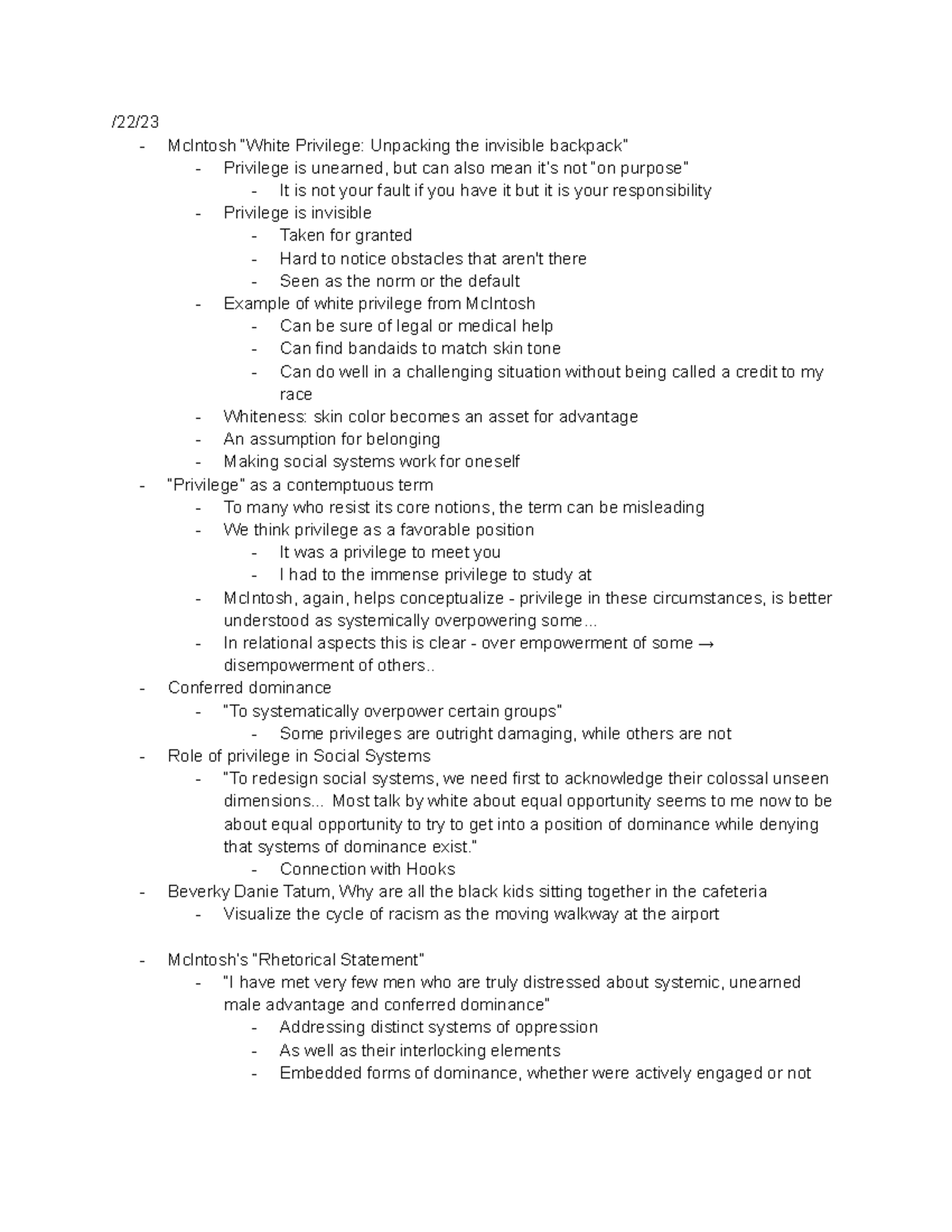 2 22 notes White Privilege - /22/ Mclntosh “White Privilege: Unpacking ...