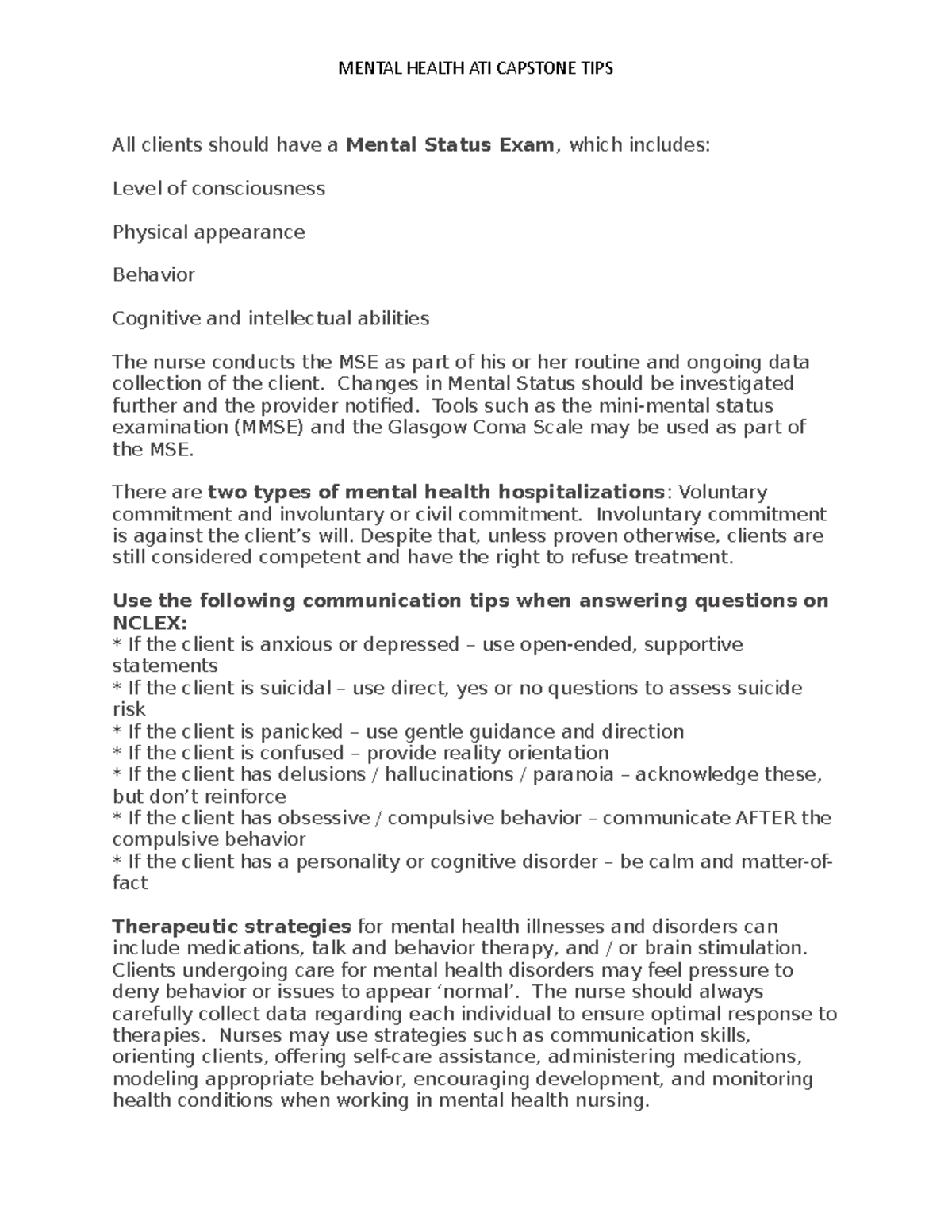 Mental Health Capstone TIPS All clients should have a Mental Status