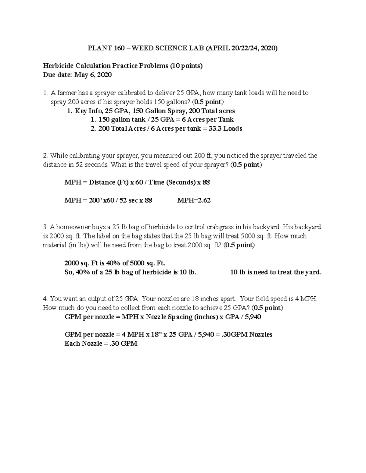 Herbicide Calculation Problems pdf - PLANT 160 – WEED SCIENCE LAB ...