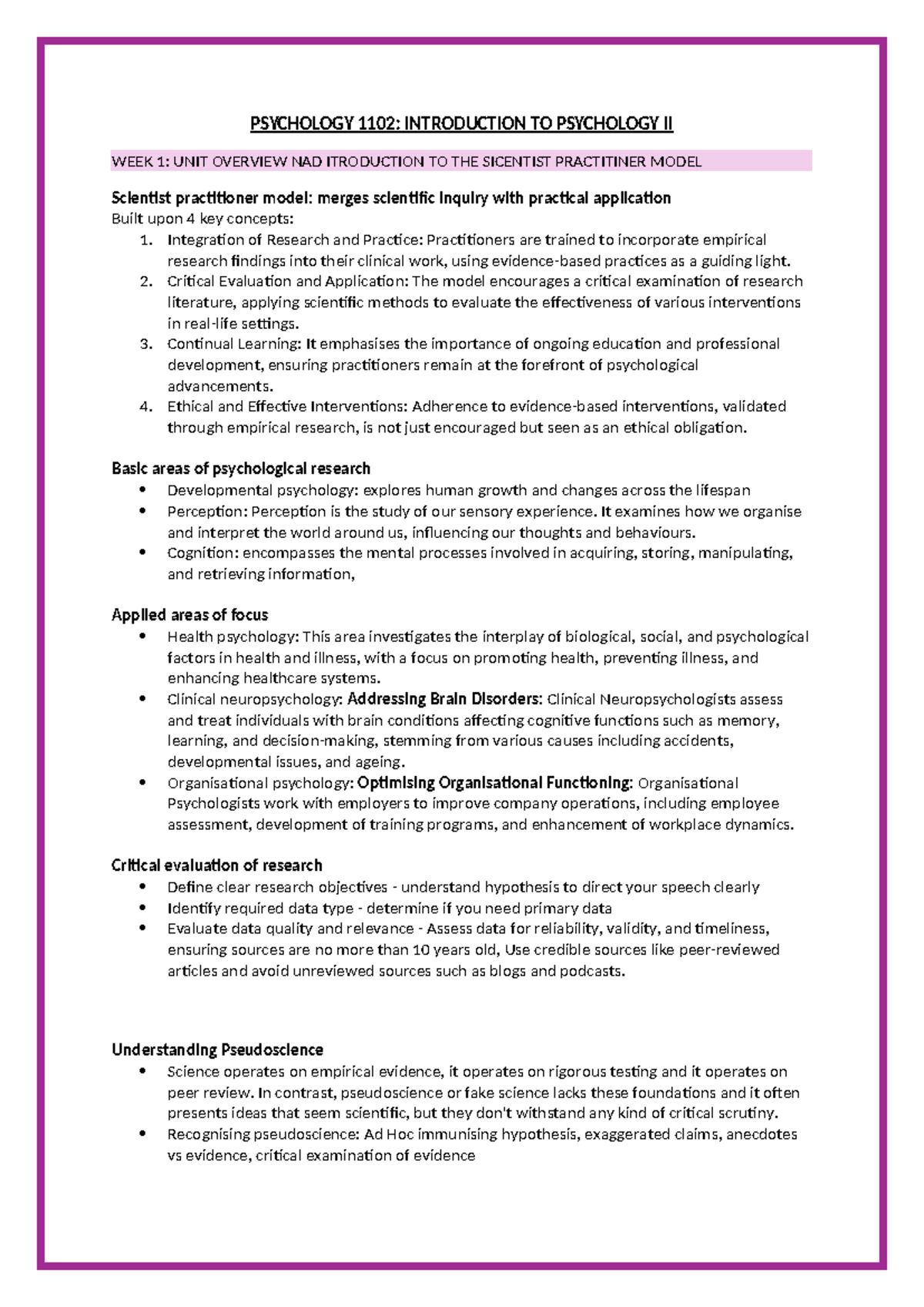 Psychology 1102 - notes - PSYCHOLOGY 1102: INTRODUCTION TO PSYCHOLOGY ...