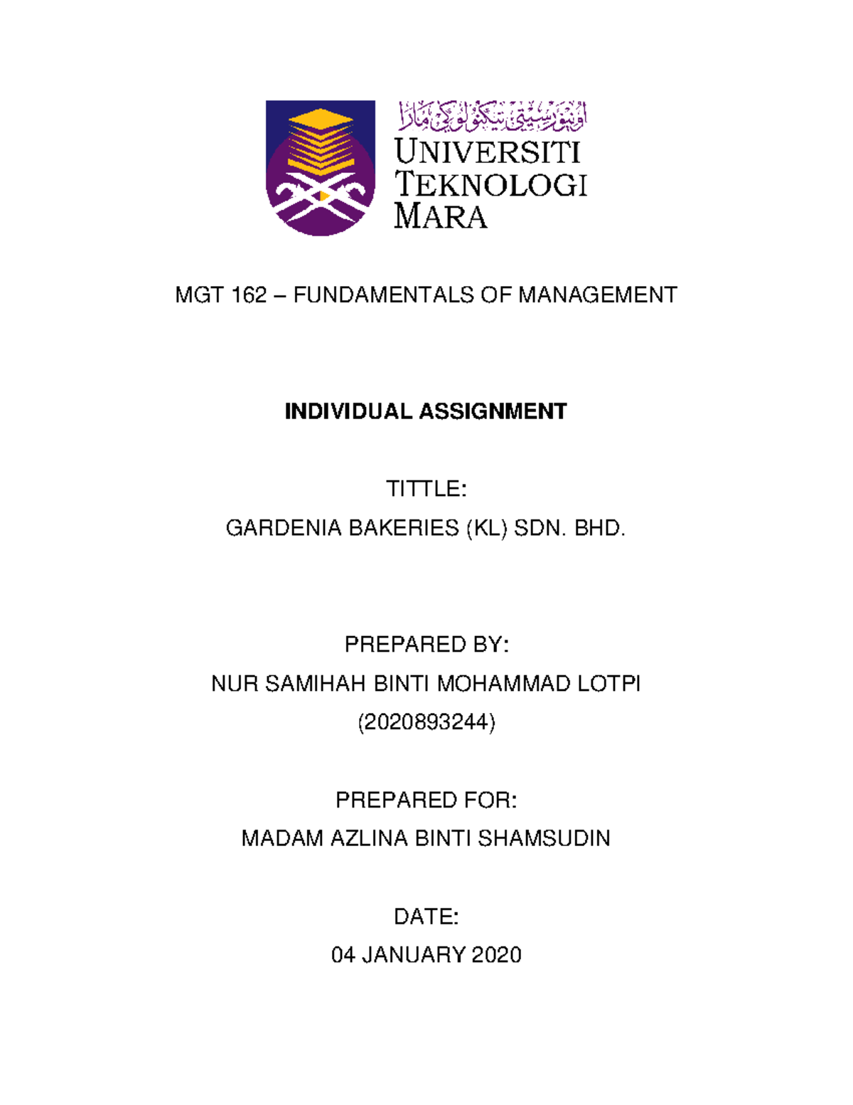 Individual Assignment MGT162 - MGT 162 – FUNDAMENTALS OF MANAGEMENT ...