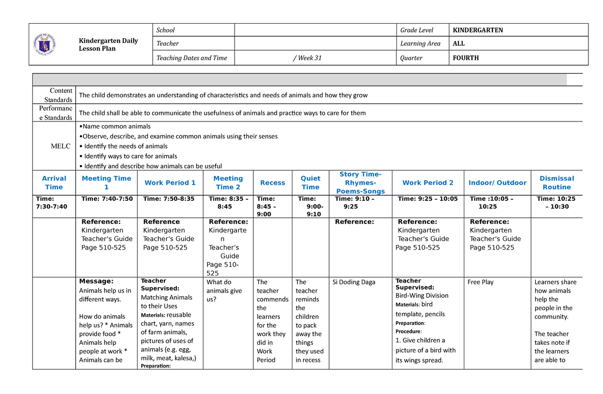 Kinder-new-dll Week31 Day2 - Kindergarten Daily Lesson Plan School 