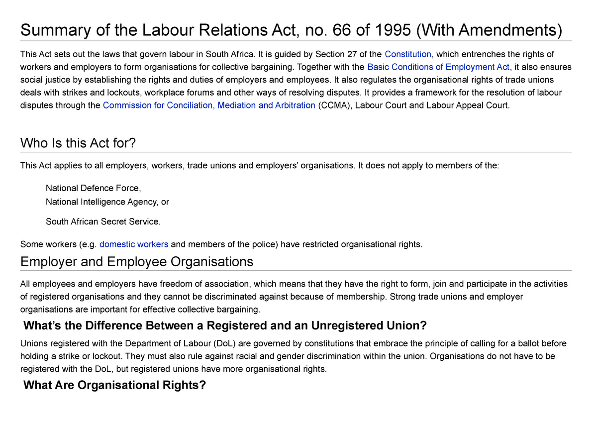 Summary Of Labour Relations Act Summary Of The Labour Relations Act 