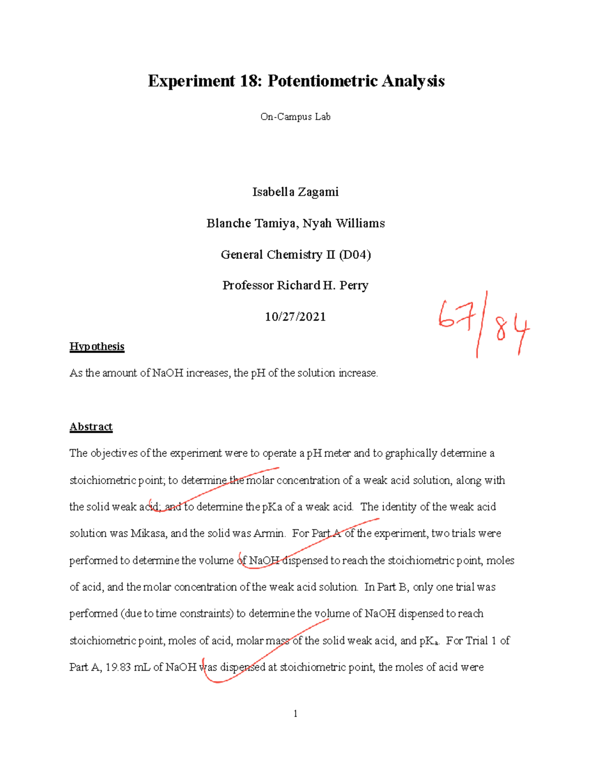 Experiment 18 Lab Report Gen Chem II - Experiment 18: Potentiometric ...