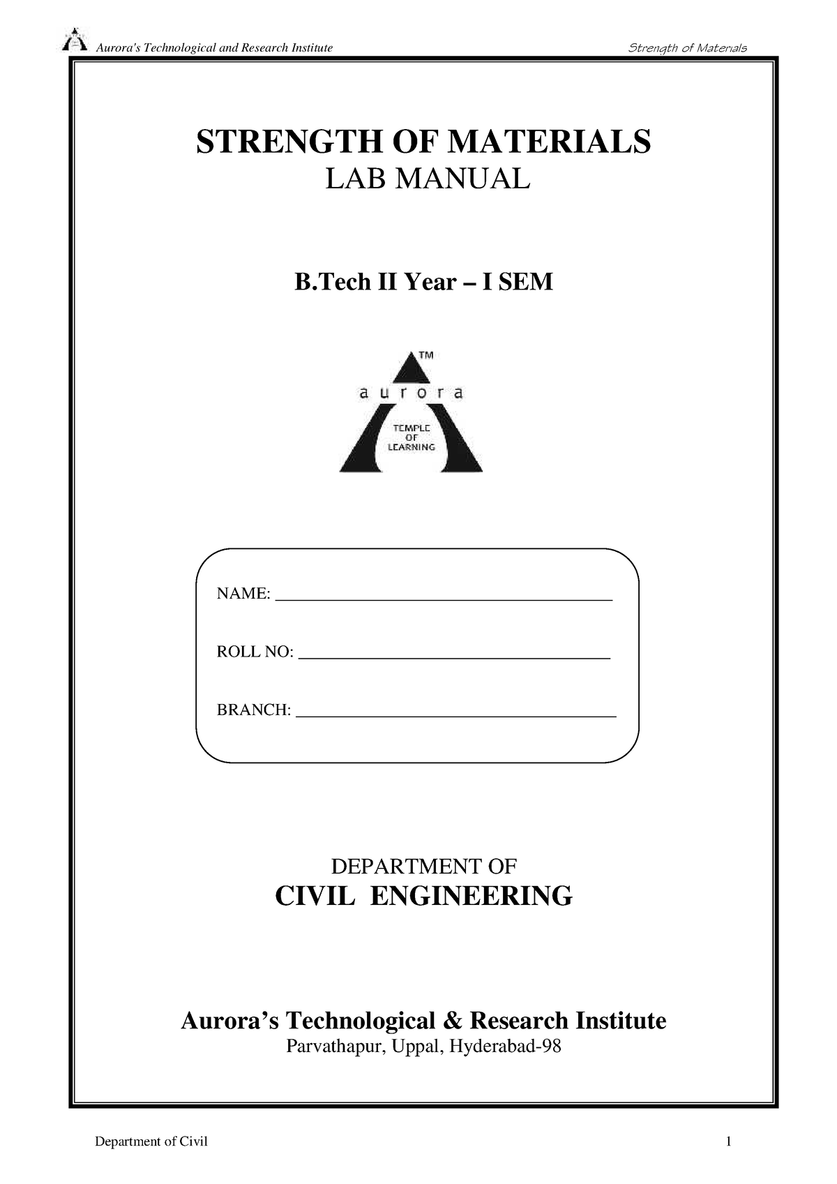 SOM LAB Manual - STRENGTH OF MATERIALS LAB MANUAL B II Year – I SEM ...