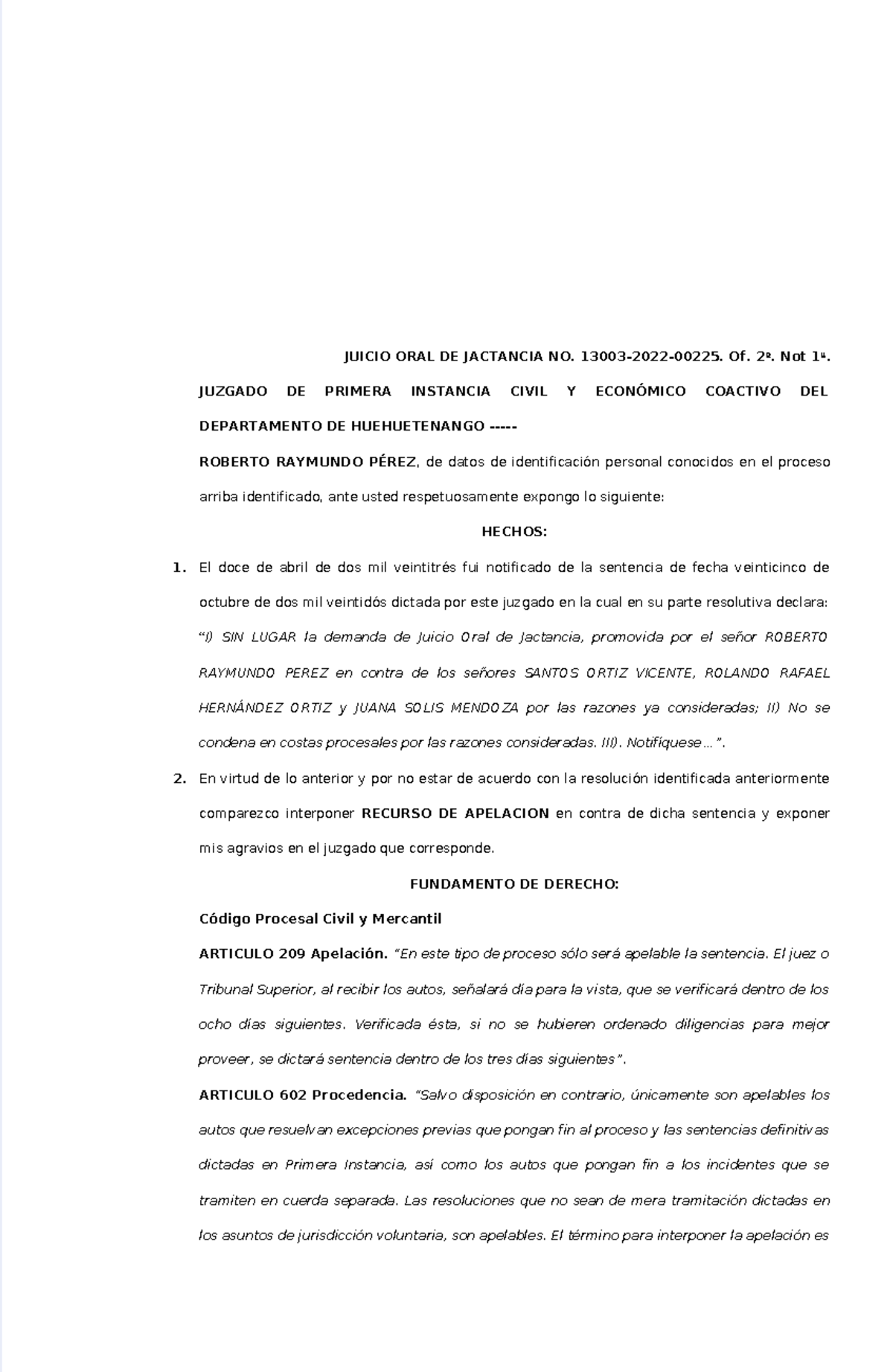 Apelación Juicio Oral de jactancia - JUICIO ORAL DE JACTANCIA NO. 13003 ...