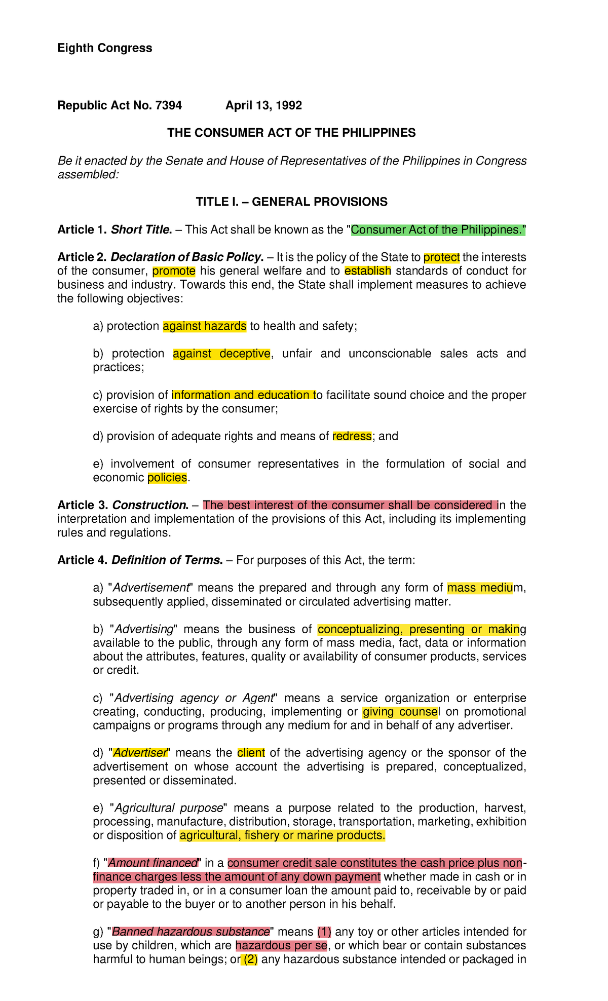 11 - Consumer Act of the Philippines - Eighth Congress Republic Act No ...