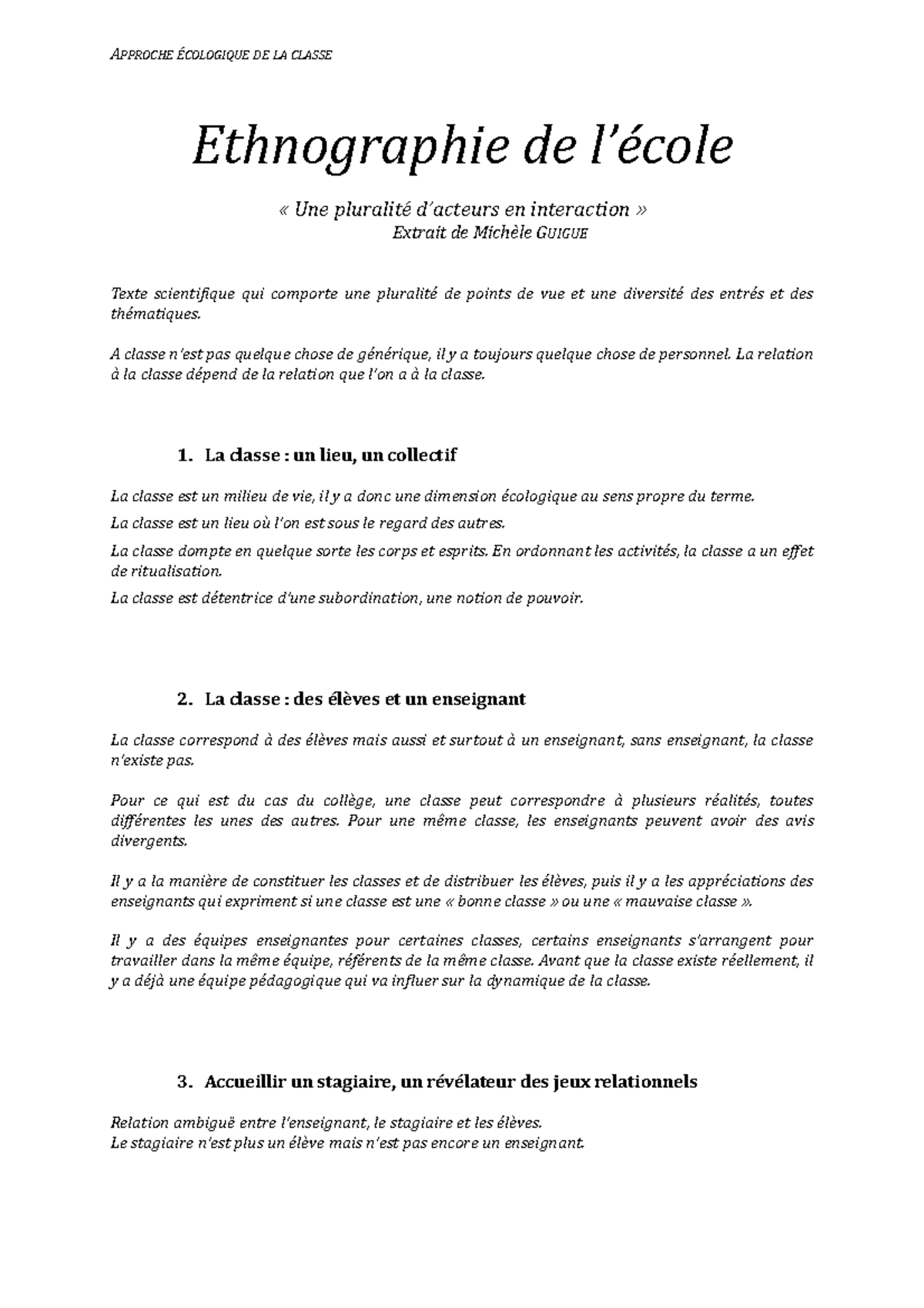 2 - Ethnographie De L’école - APPROCHE DE LA CLASSE Ethnographie De Une ...