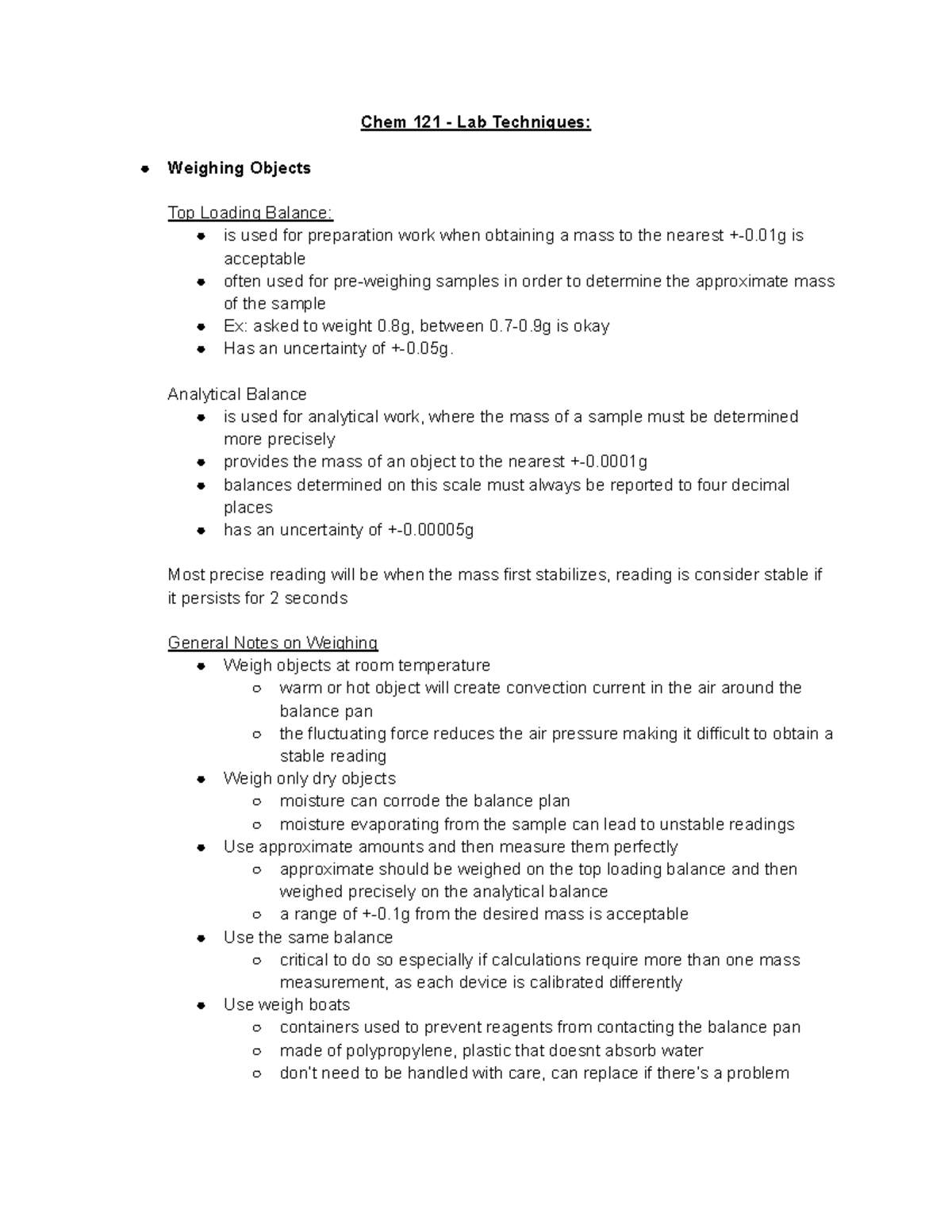 Lab Techniques for Chemistry Chem 121 Lab Techniques Weighing