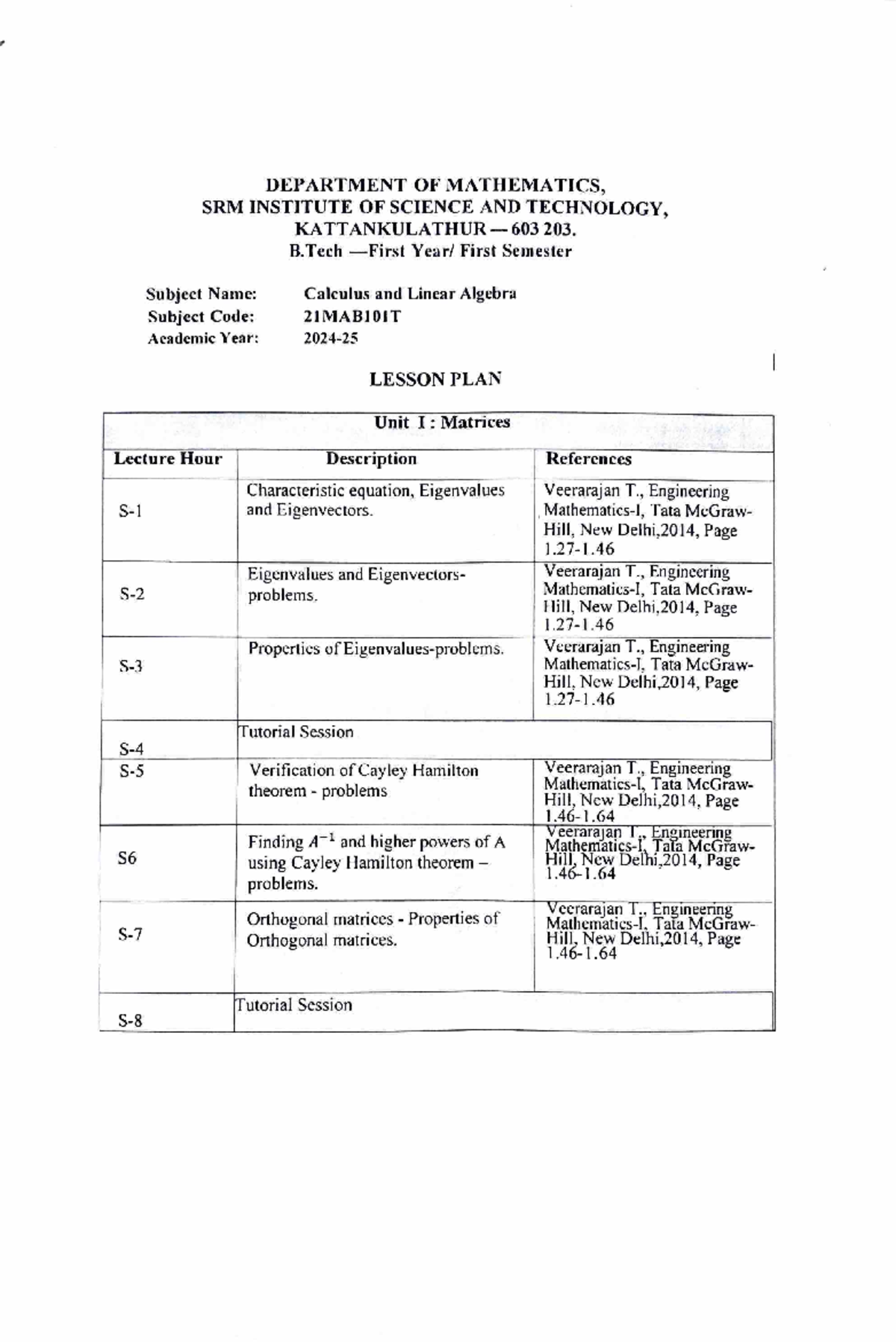 Lesson Plan - Summary Calculus and linear algebra - DEPARTMENT OF ...