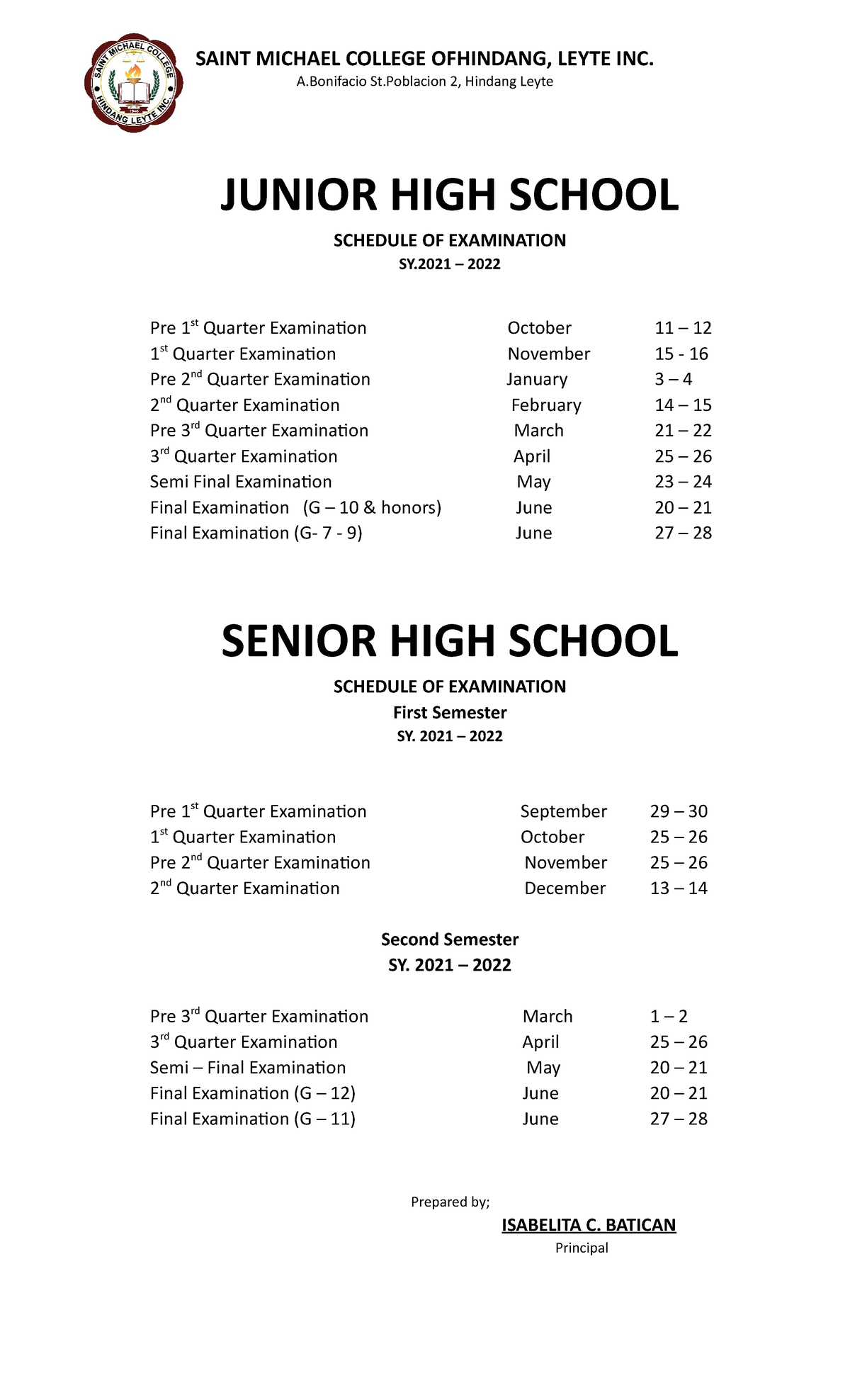 Saint Michael's College Academic Calendar 