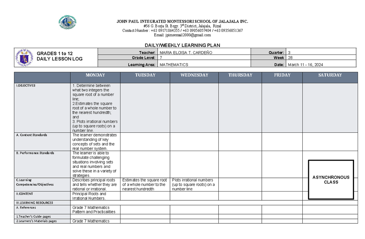 Daily Weekly-Learning-Plan - Math 7 - Week 28 - JOHN PAUL INTEGRATED ...