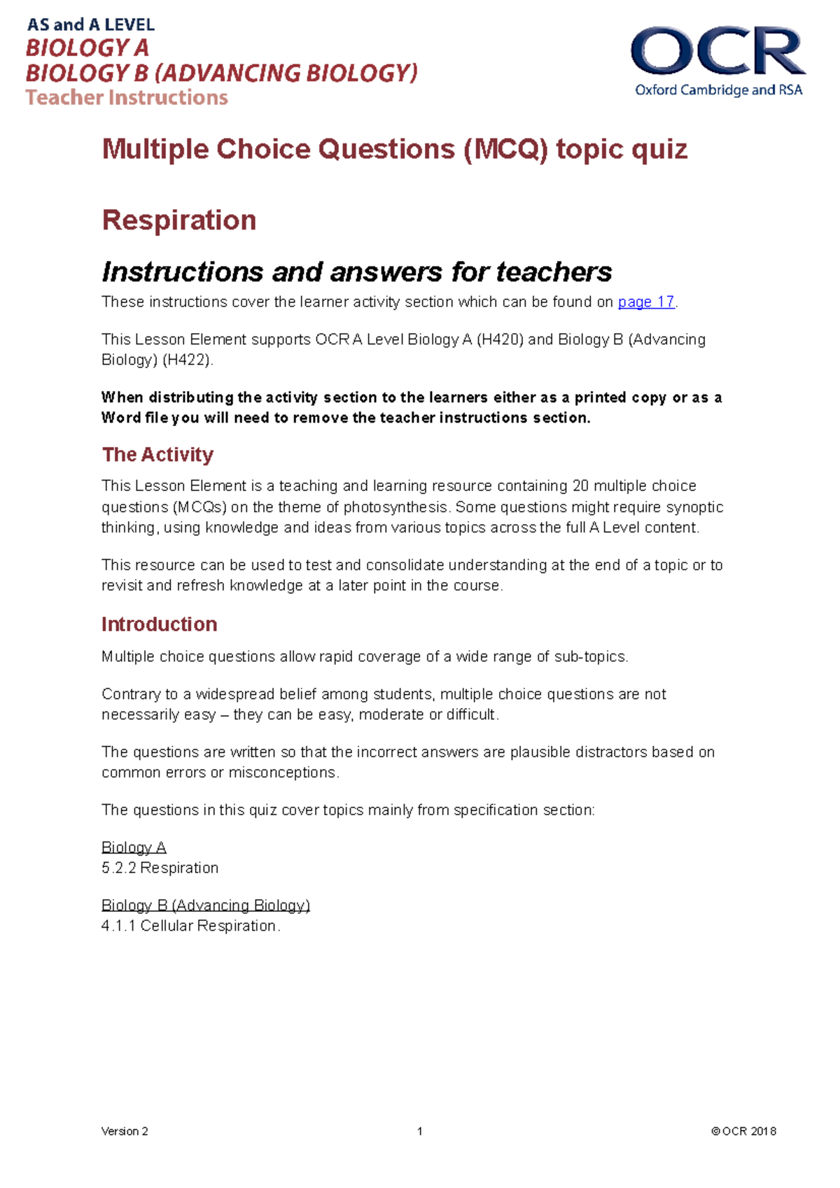 Respiration multiple choice Multiple Choice Questions (MCQ) topic