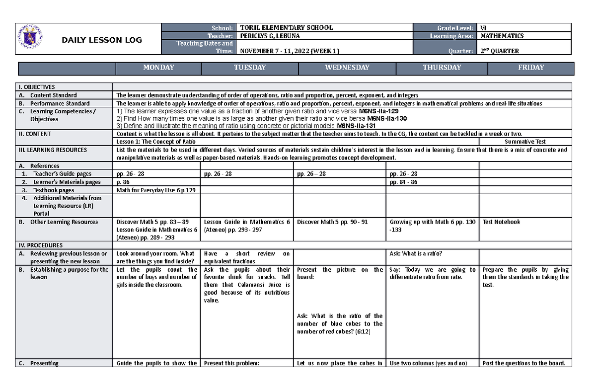 DLL MATH 6 Q2 W1 - lesson log - DAILY LESSON LOG School: TORIL ...