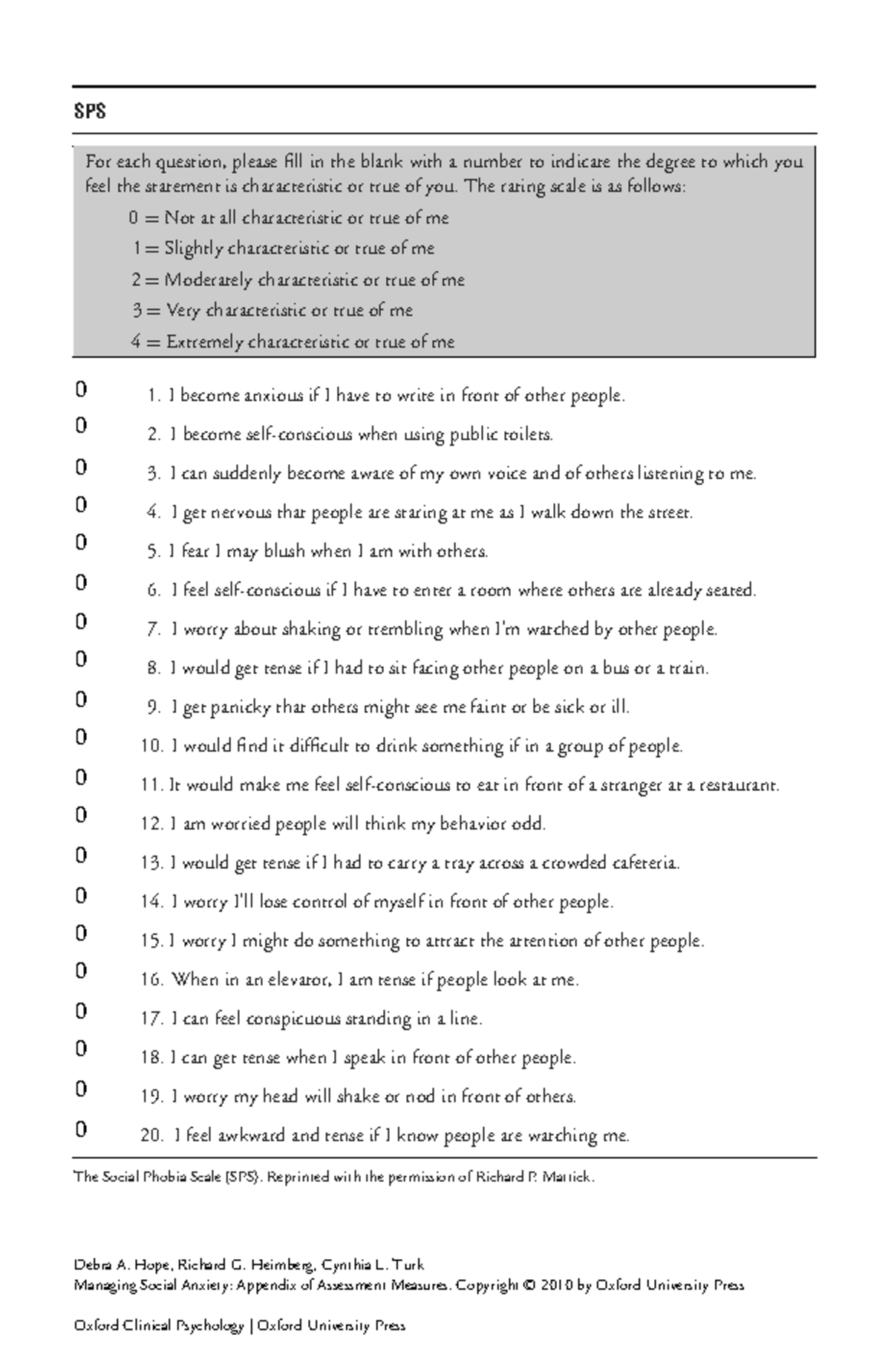 Social Phobia Scale - SPS For each question, please fill in the blank ...