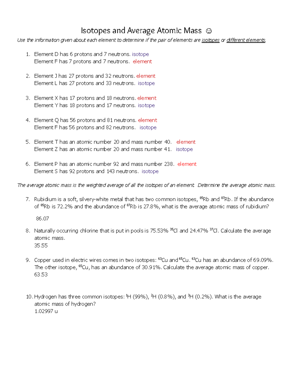 Isotopes and Avg Atomic Mass Practice - Isotopes and Average Atomic ...