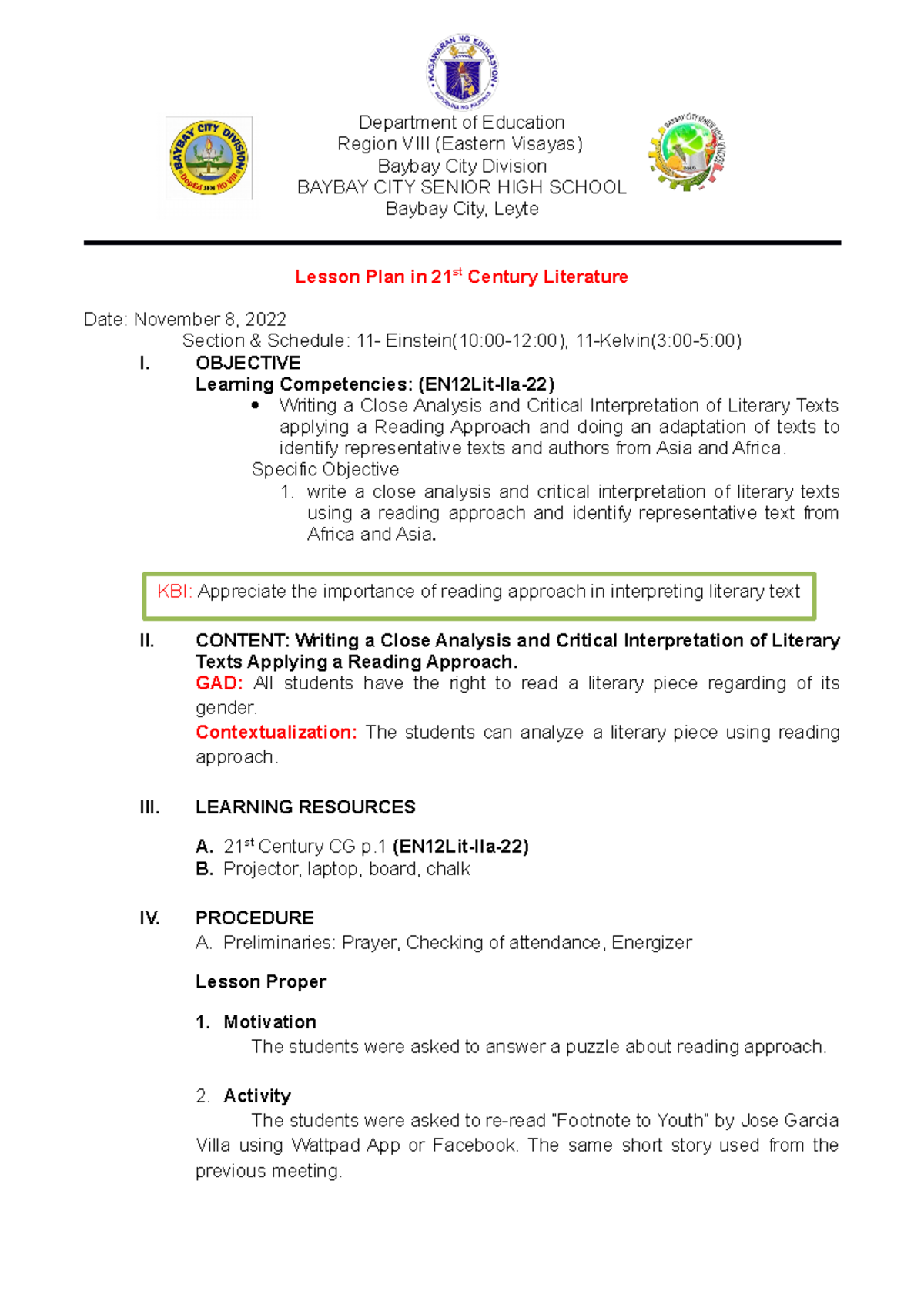 Writing a close analysis - Department of Education Region VIII (Eastern