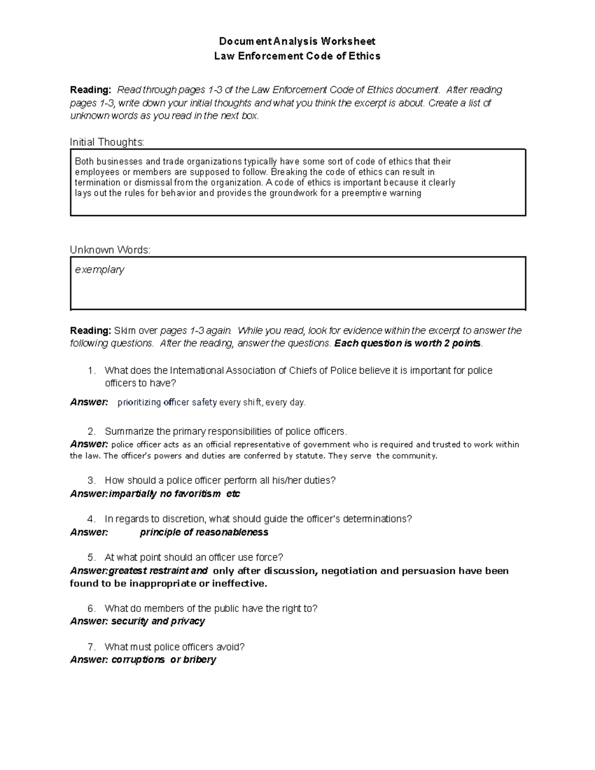 Copy of 5.0 LE Code of ethics document analysis worksheet - Document ...