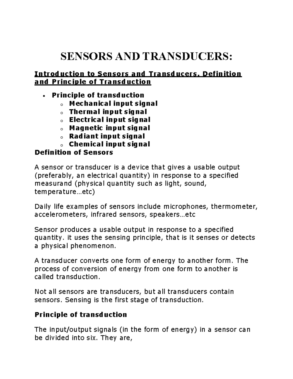 Sensors AND Transducers SENSORS AND TRANSDUCERS Introduction to