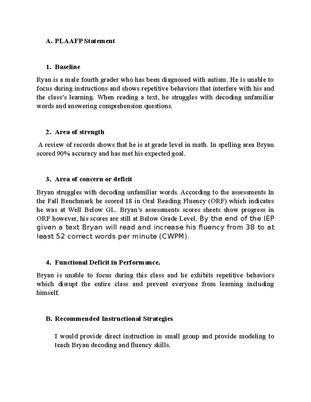 D003 Task - Passed - A. PLAAFP Statement Baseline Ryan is a male fourth ...