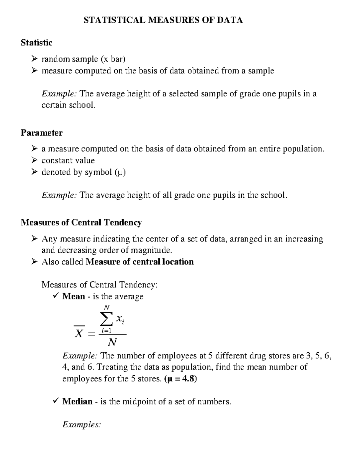 Statistical Measures OF DATA - Statistic random sample (x bar) measure ...