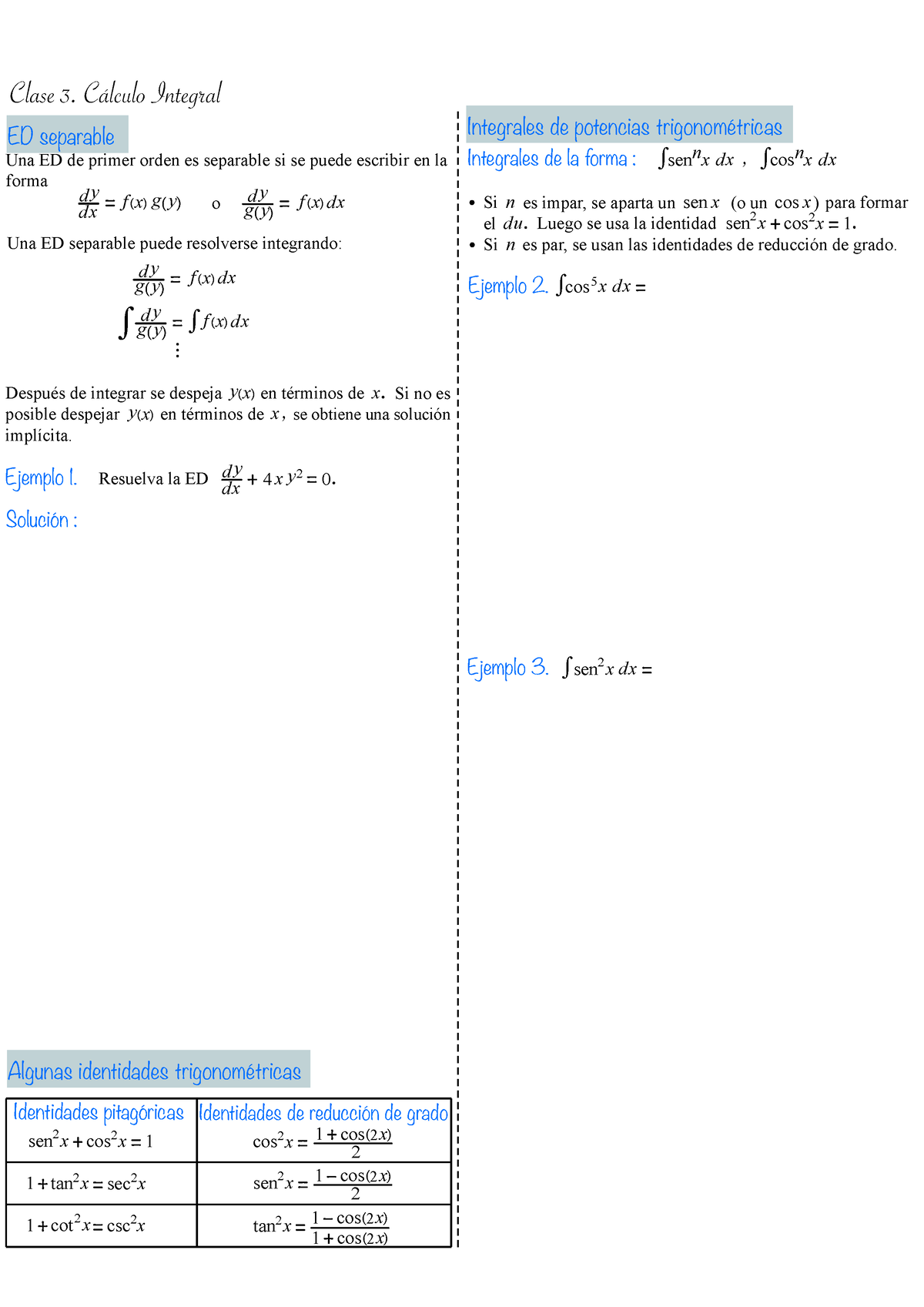 Clase 3 2023-01 - Parcial 1 - Clase 3. Cálculo Integral ED Separable ...