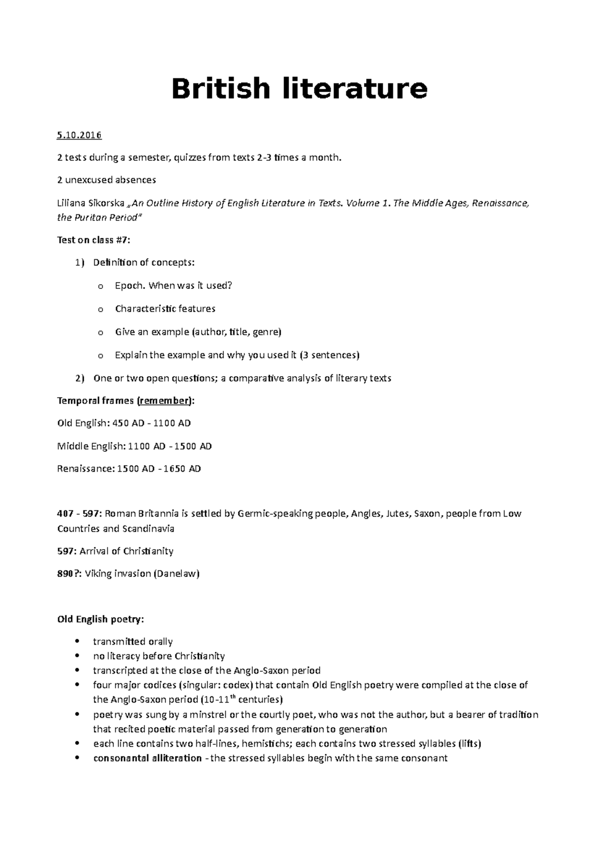 British Literature pre 1900 - British literature 5.10 2 tests during a ...