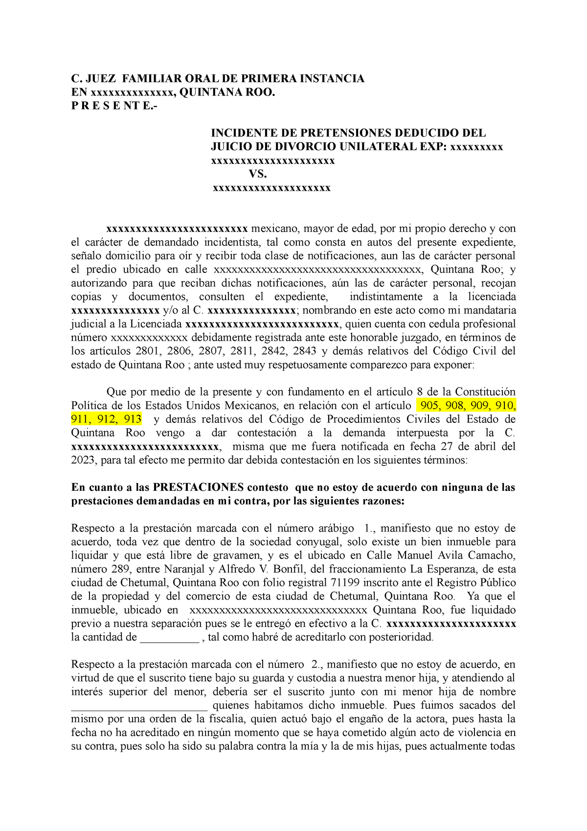 Contestacion De Incidente De Pretensiones - C. JUEZ FAMILIAR ORAL DE ...