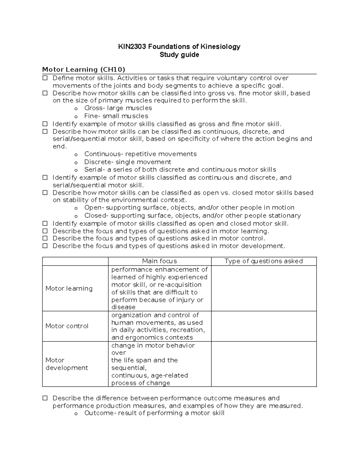 Study guide (Motor Learning) KIN2303 Foundations of Kinesiology Study