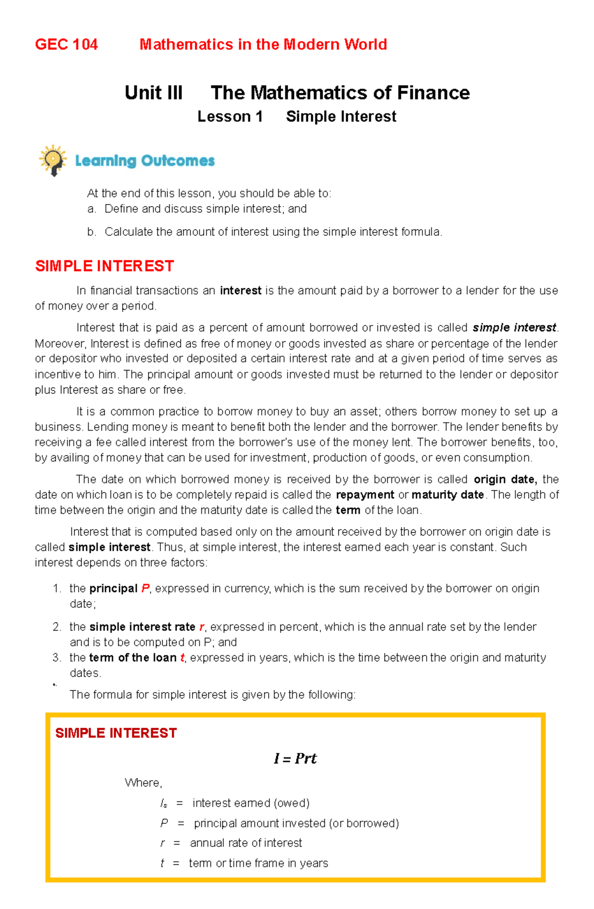 GEC 104 Week 9 - Simple Interest - GEC 104 Mathematics in the Modern ...