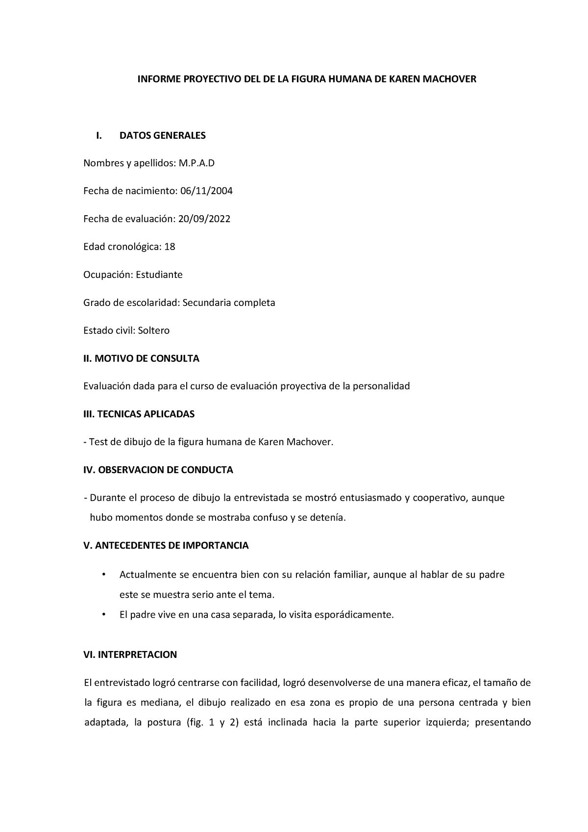 Informe Proyectivo DE LA Figura Humana INFORME PROYECTIVO DEL DE LA