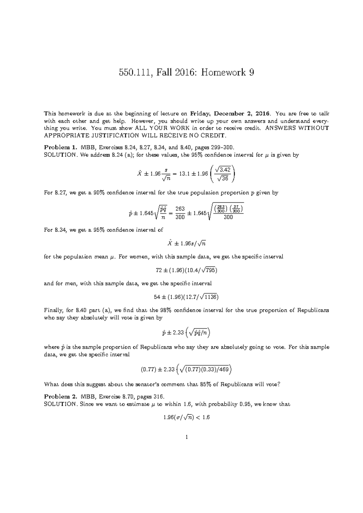 Stat111 Fall2016 homework 9 solutions - 550, Fall 2016: Homework 9 This ...