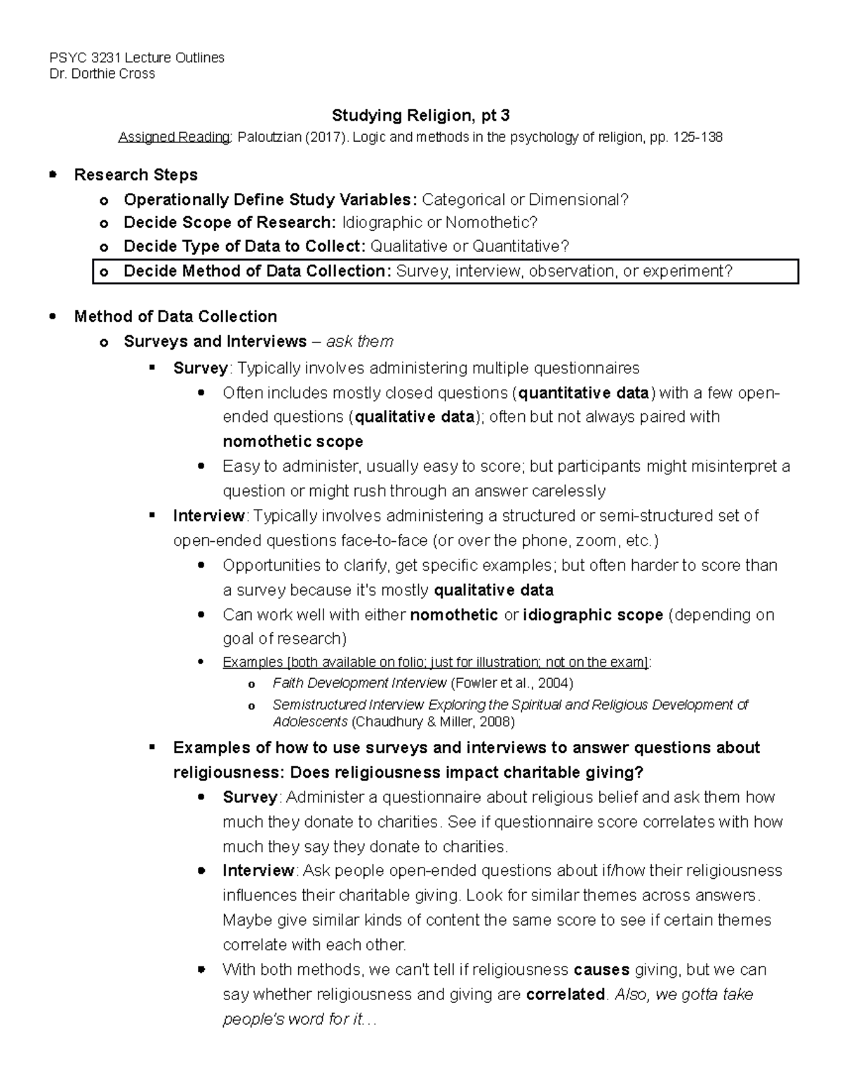 (1.5) Studying Religion, pt 3 PSYC 3231 Lecture Outlines Dr. Dorthie