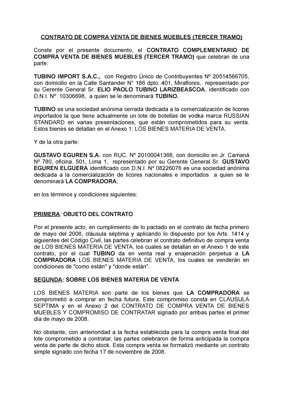 Contrato DE Compra Venta DE Bienes Muebles-ELIO Tubino I - CONTRATO DE COMPRA  VENTA DE BIENES - Studocu