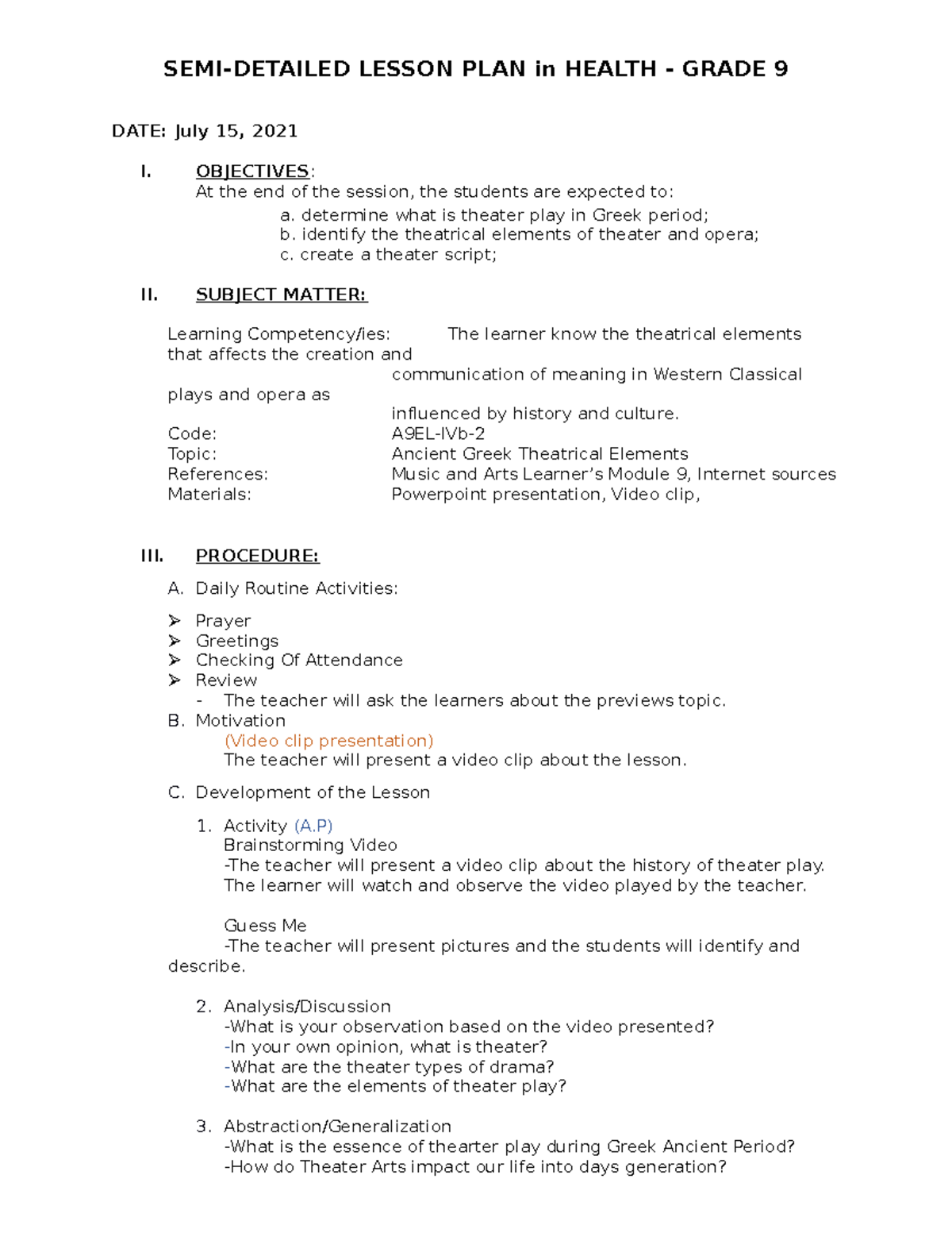 Melanie-COT - COT 1 - SEMI-DETAILED LESSON PLAN in HEALTH - GRADE 9 ...