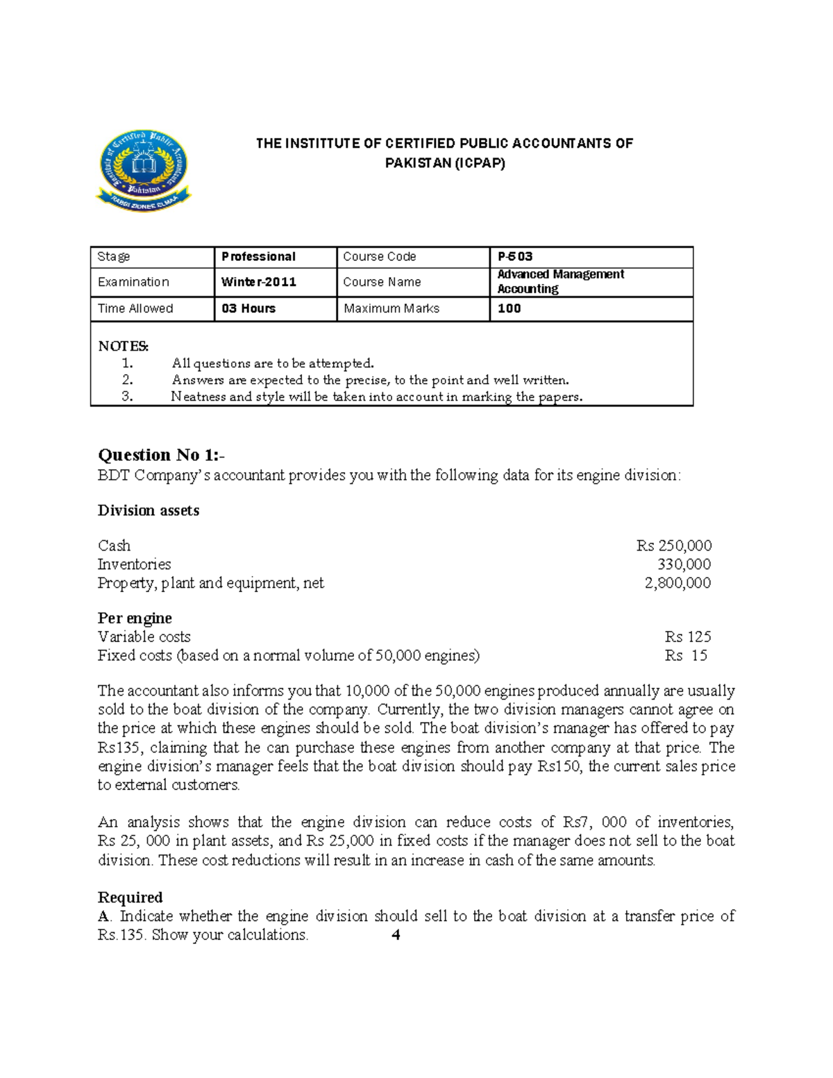 Advanced mangement accounting PUBLIC ACCOUNTANTS OF Stage