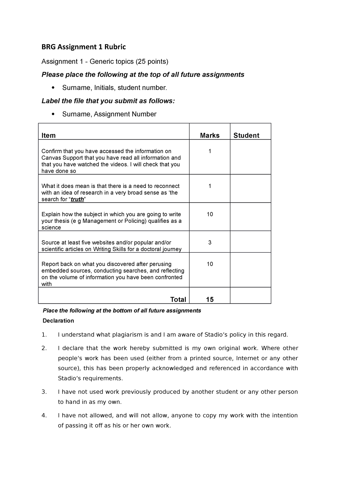 A A 1 Rubric - BRG Assignment 1 Rubric Assignment 1 - Generic Topics ...