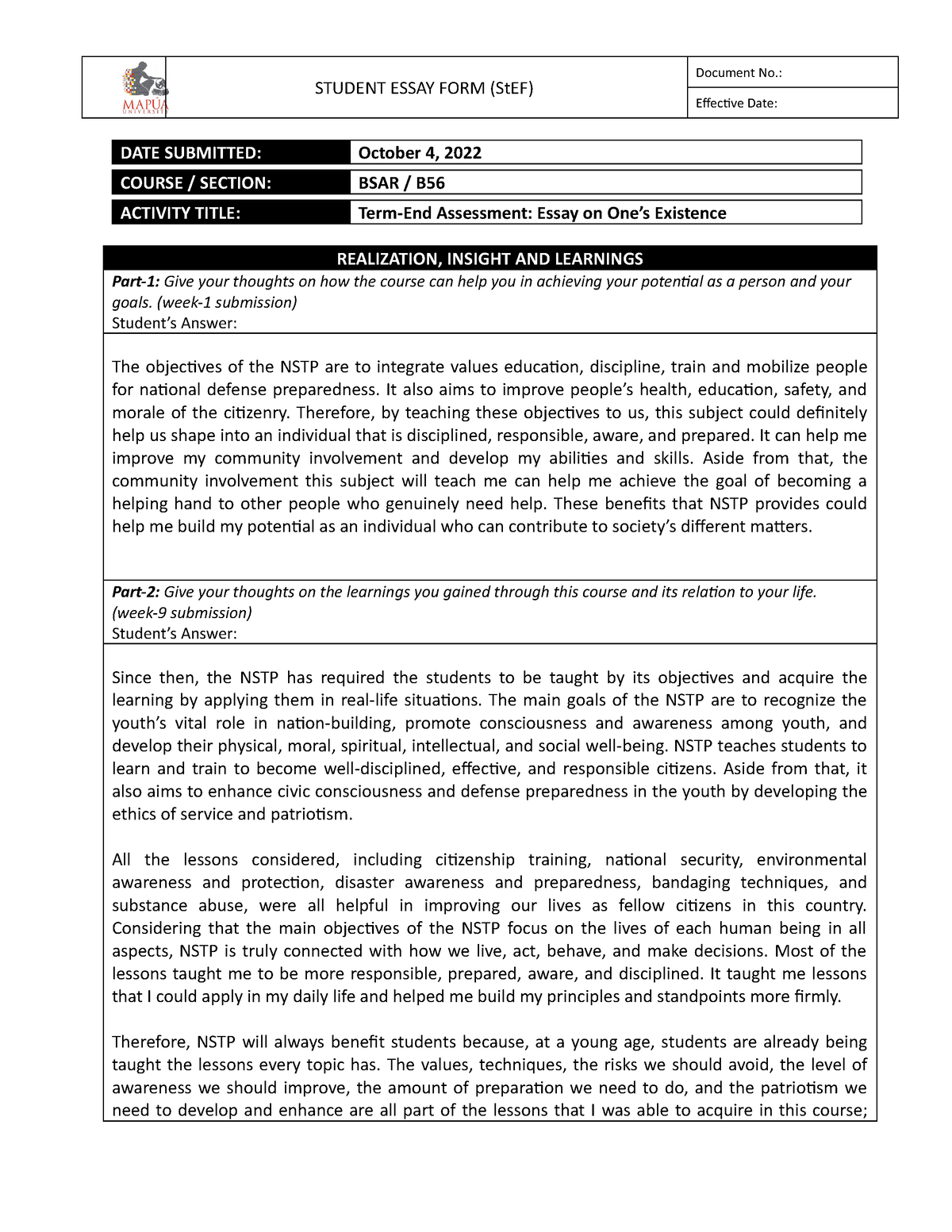 Form - NSTP1 00 Term-End Assessment 2 - Essay On One's Existence ...