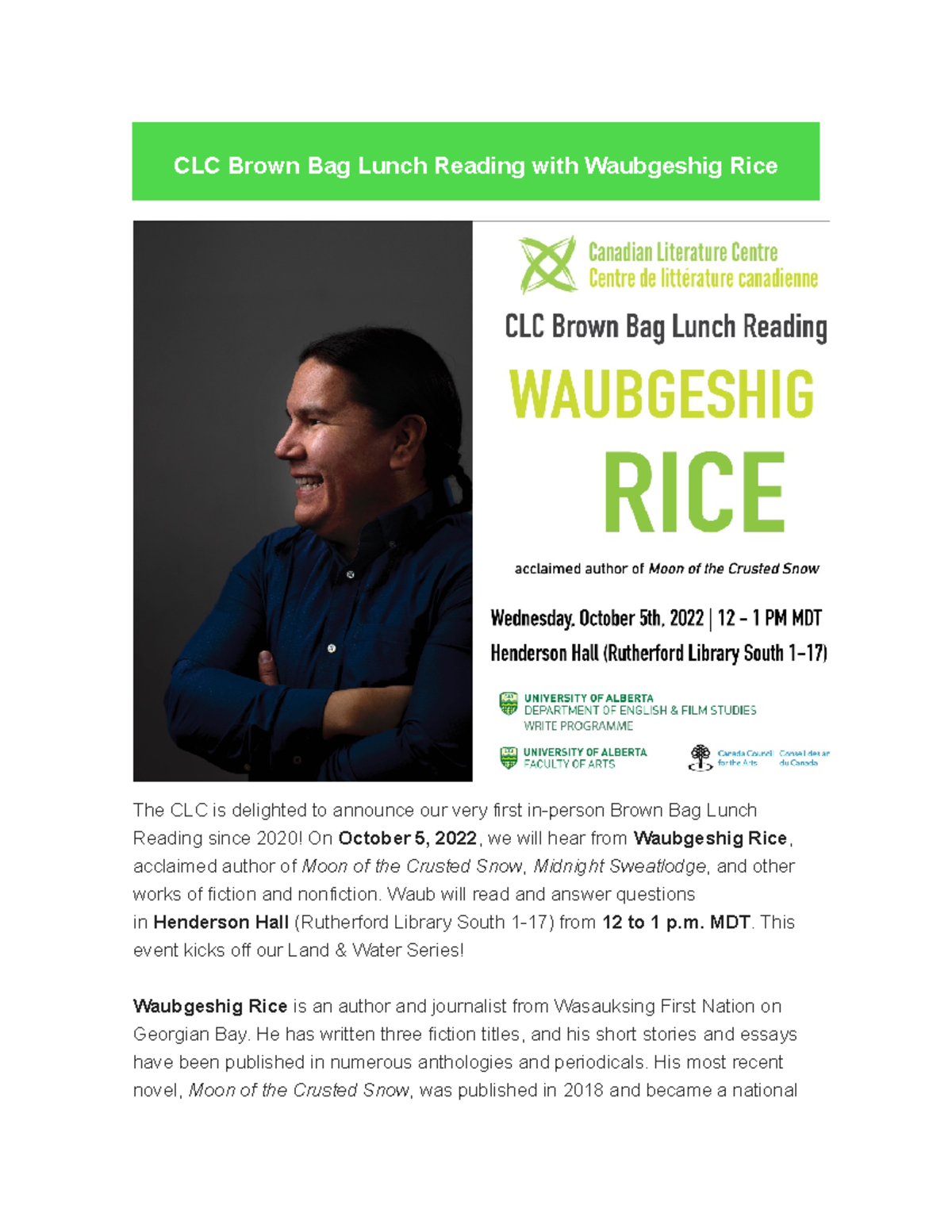 Waub Rice reading and talk CLC Brown Bag Lunch Reading with